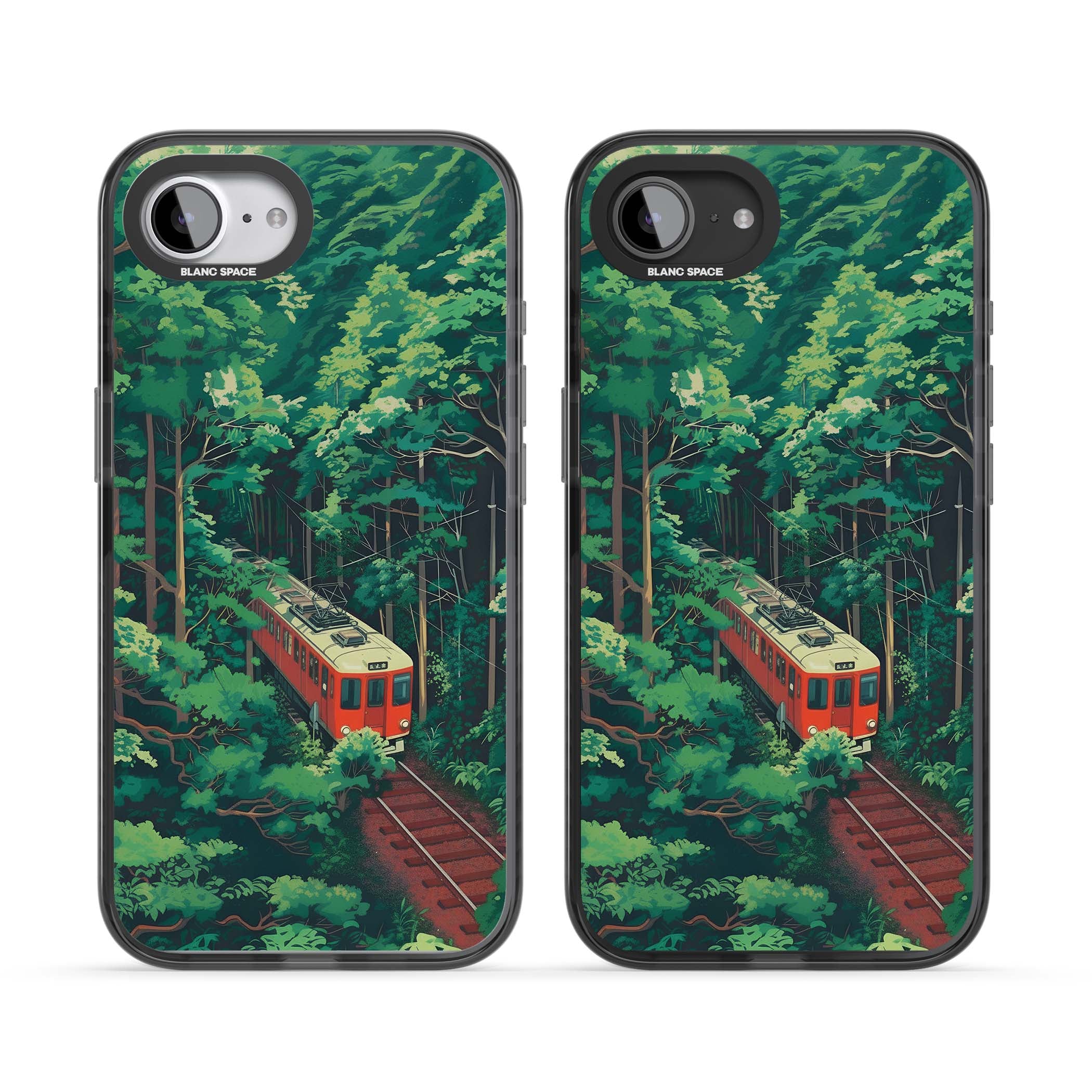 Railway In Toyama Japanese iPhone case featuring a red train, cedar forest and winding mountain railway tracks | Black Impact case for iPhone 16e, iPhone 17e