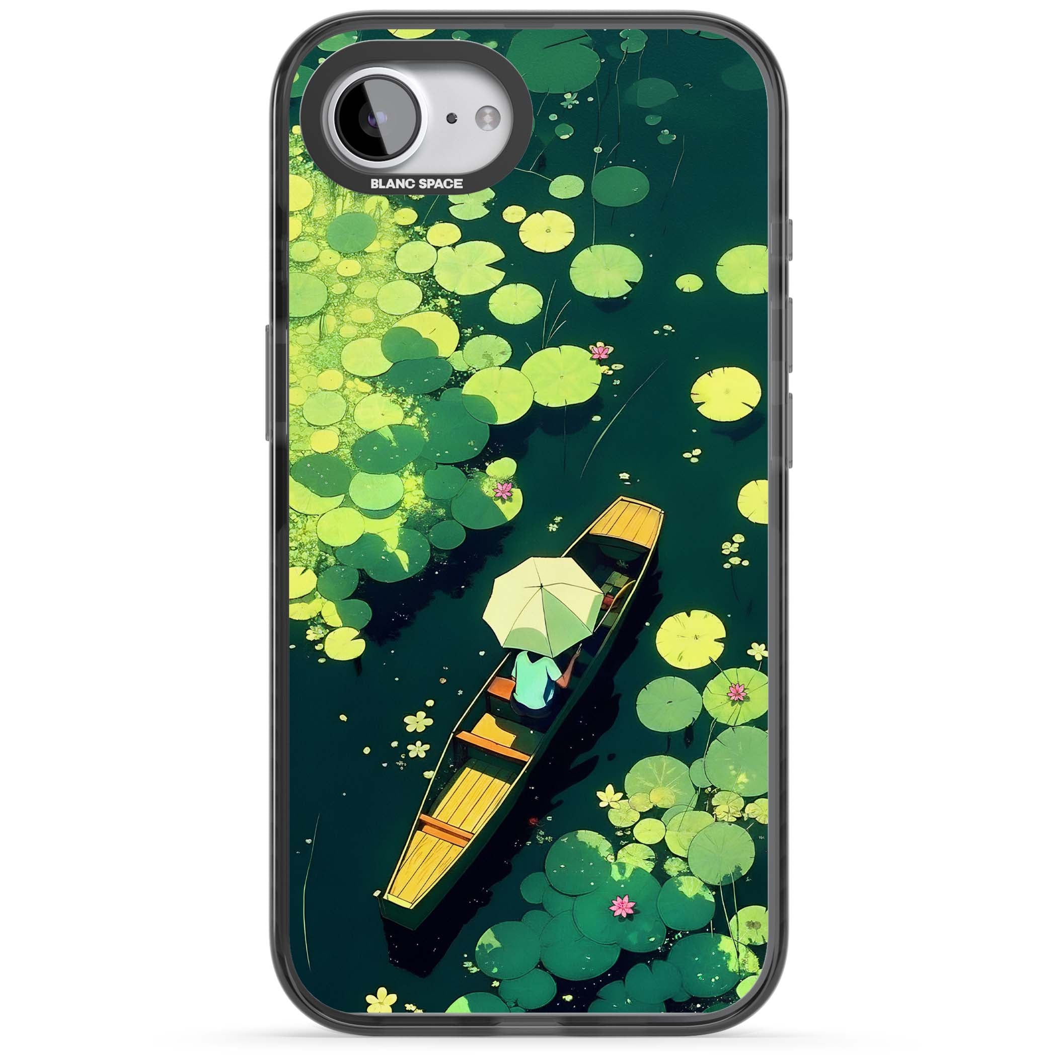 Jade Waters cottagecore iPhone case featuring a painted lily pond, wooden boat with parasol and floating water lilies | Black Impact case for iPhone 16e, iPhone 17e