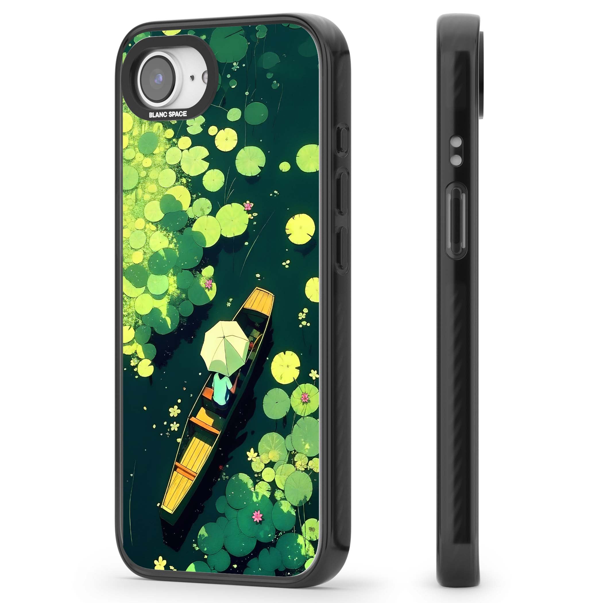 Jade Waters cottagecore iPhone case featuring a painted lily pond, wooden boat with parasol and floating water lilies | Black Impact case for iPhone 16e, iPhone 17e