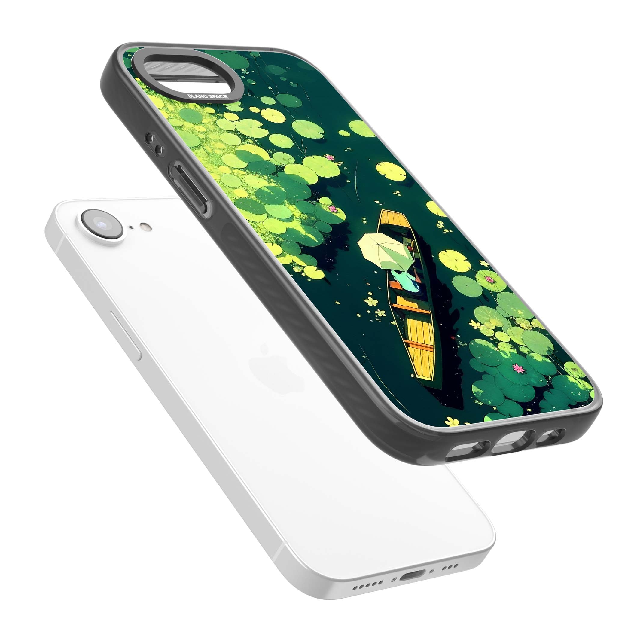 Jade Waters cottagecore iPhone case featuring a painted lily pond, wooden boat with parasol and floating water lilies | Black Impact case for iPhone 16e, iPhone 17e