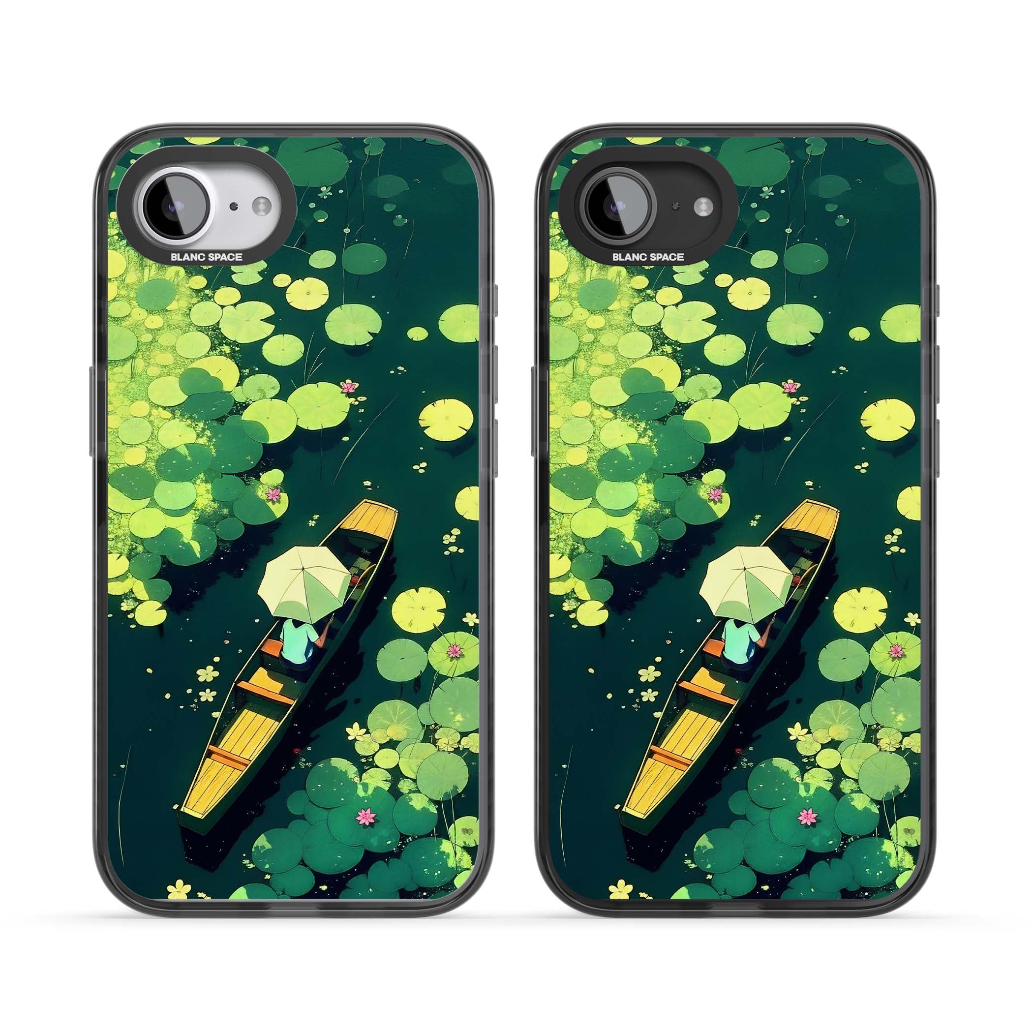 Jade Waters cottagecore iPhone case featuring a painted lily pond, wooden boat with parasol and floating water lilies | Black Impact case for iPhone 16e, iPhone 17e