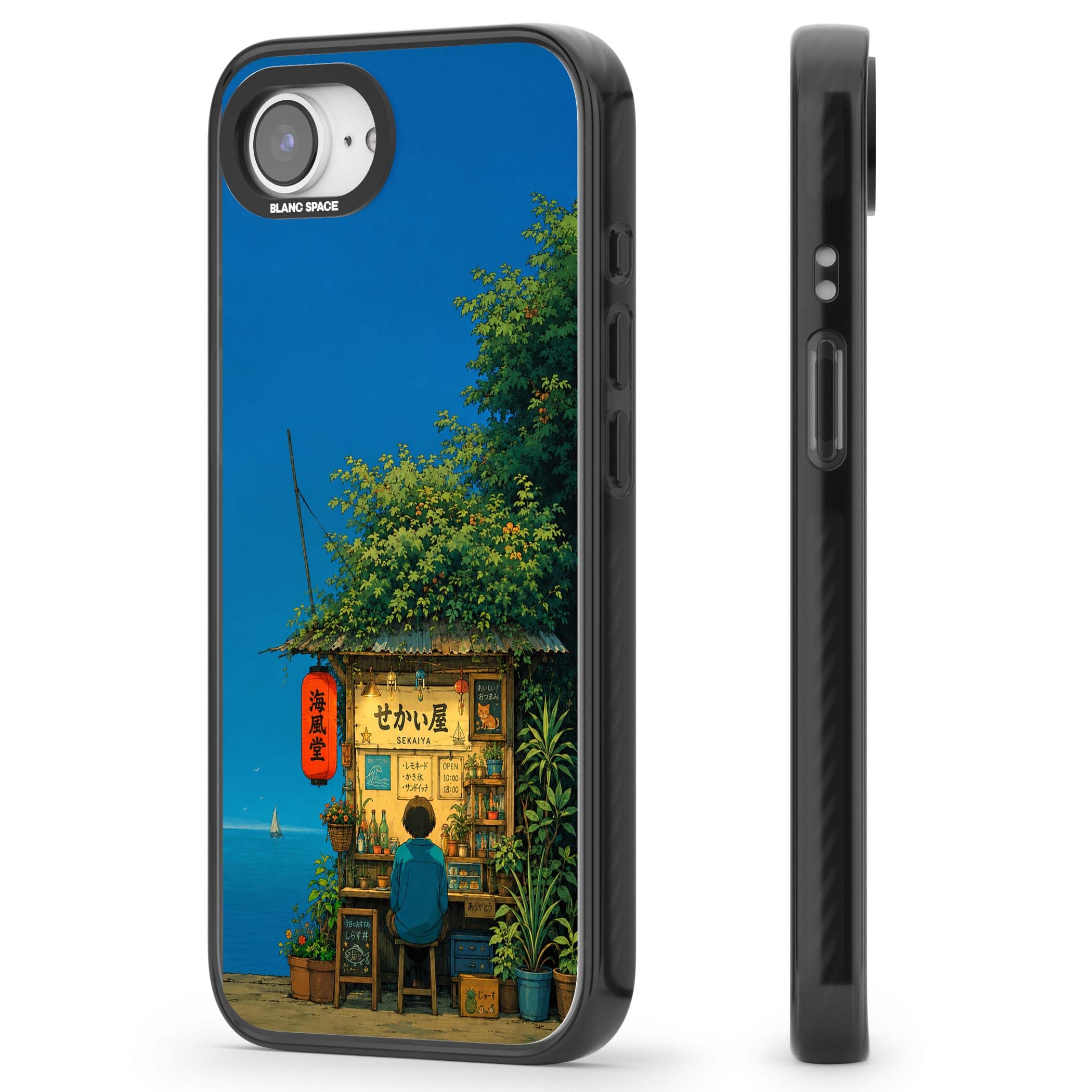 The Shirahama Kiosk anime iPhone case featuring a Japanese seaside shop, red paper lantern and ocean view | Black Impact case for iPhone 16e, iPhone 17e