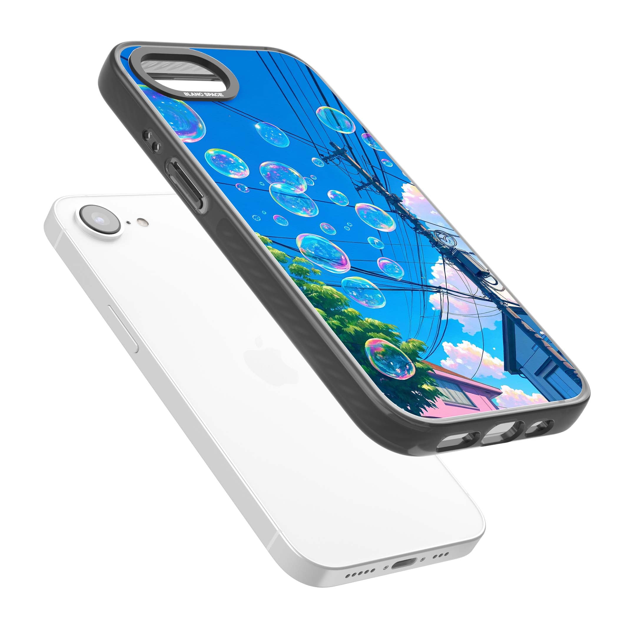 Suburban Bubbles anime iPhone case featuring iridescent soap bubbles, blue sky and Japanese telephone wires | Black Impact case for iPhone 16e, iPhone 17e