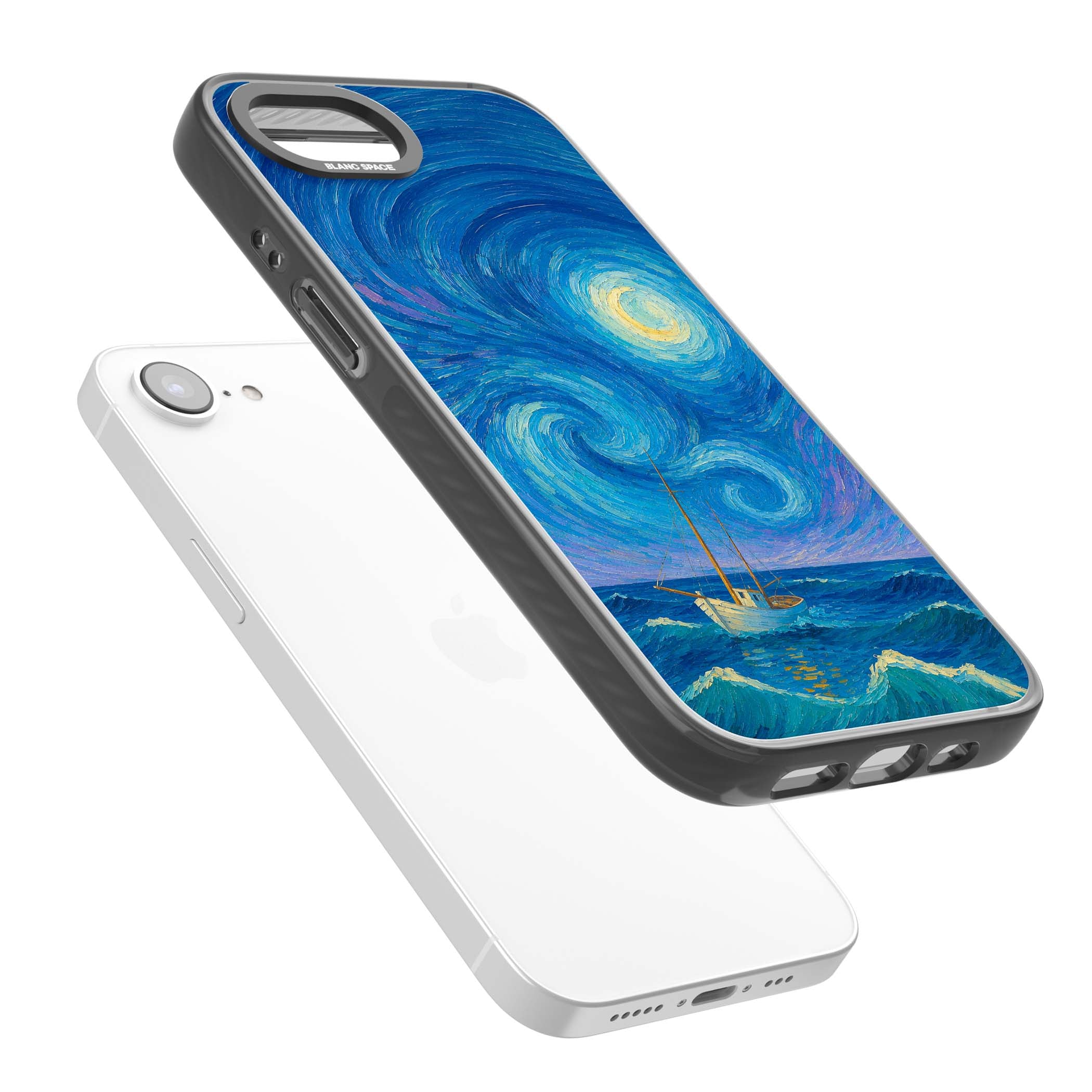 Moonlit Tide Van Gogh art iPhone case featuring swirling starry night sky, glowing moon and lone sailing boat at sea | Black Impact case for iPhone 16e, iPhone 17e