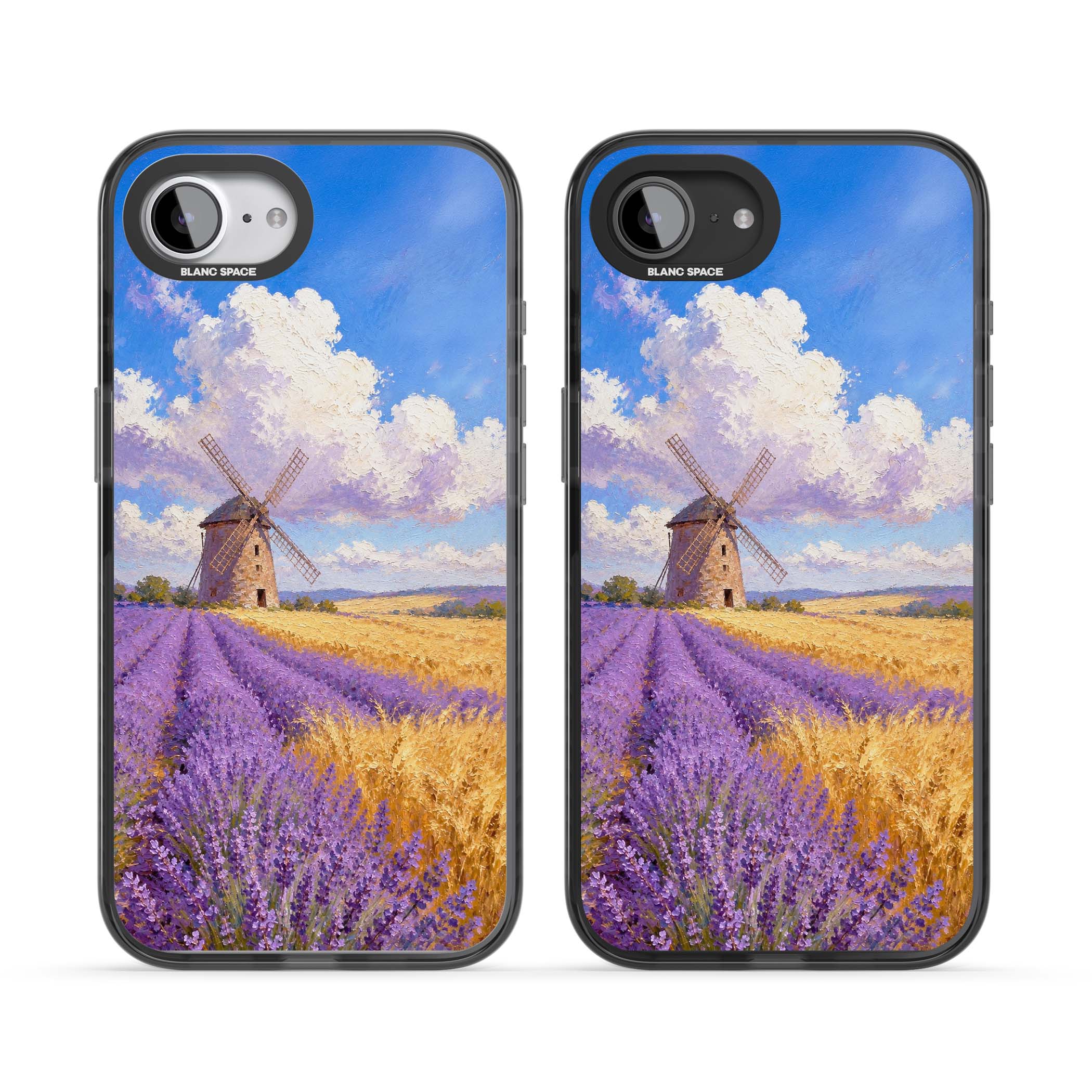 Lavender Mill cottagecore iPhone case featuring a French windmill, lavender field and golden wheat oil painting | Black Impact case for iPhone 16e, iPhone 17e