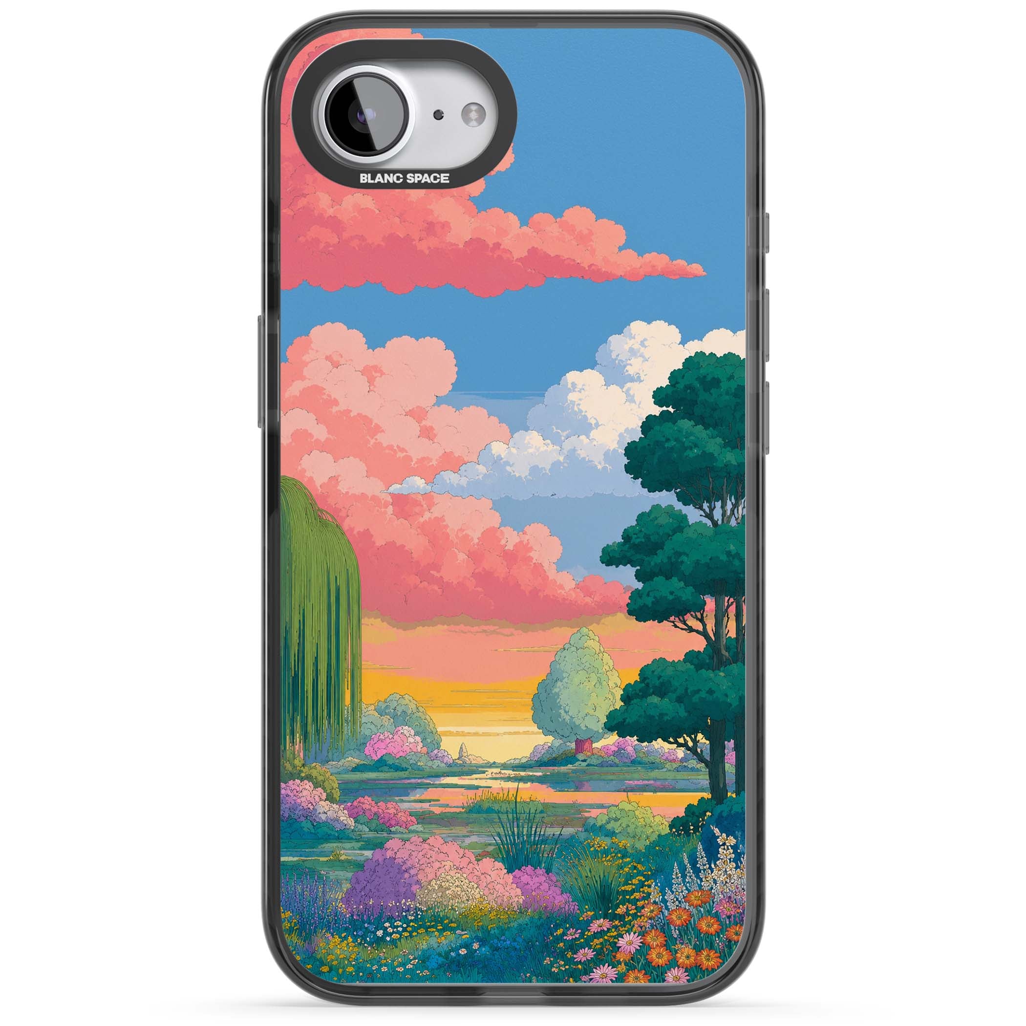 Dream Valley anime landscape iPhone case featuring pink sunset clouds, willow trees and wildflowers | Black Impact case for iPhone 16e, iPhone 17e