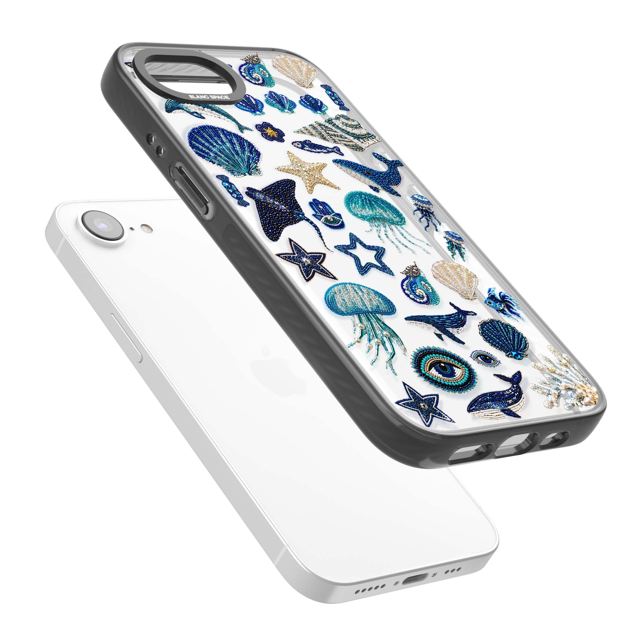 Beaded Coastal coastal iPhone case featuring embroidered seashells, jellyfish and a blue whale on clear | Black Impact case for iPhone 16e, iPhone 17e