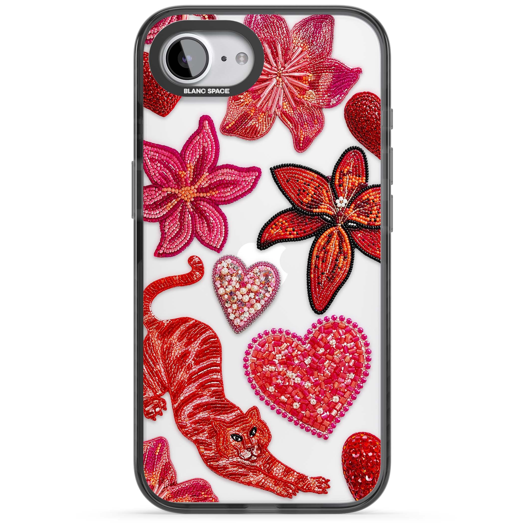 Beaded Boho floral iPhone case featuring beaded red lilies, a stitched tiger, and pearl-encrusted hearts on clear | Black Impact case for iPhone 16e, iPhone 17e