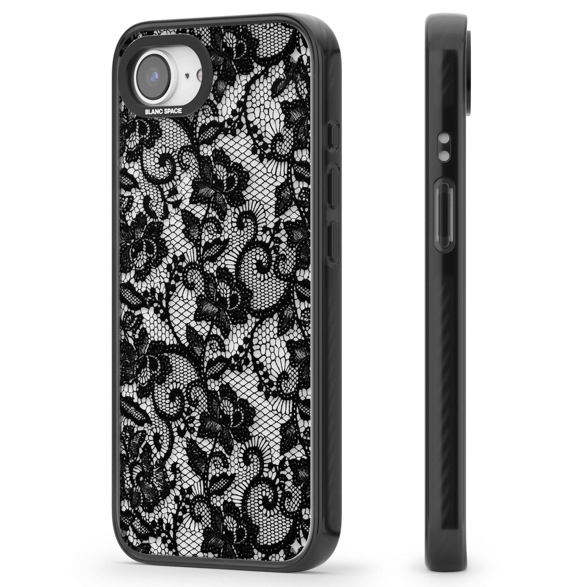 Black Lace gothic iPhone case featuring intricate black floral lace pattern with vintage whimsigoth detail | Black Impact case for iPhone 16e, iPhone 17e