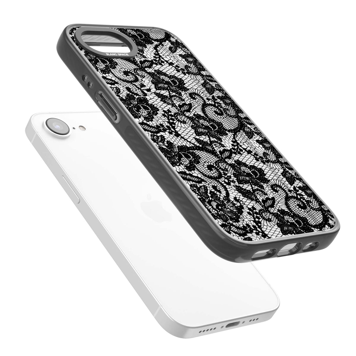 Black Lace gothic iPhone case featuring intricate black floral lace pattern with vintage whimsigoth detail | Black Impact case for iPhone 16e, iPhone 17e
