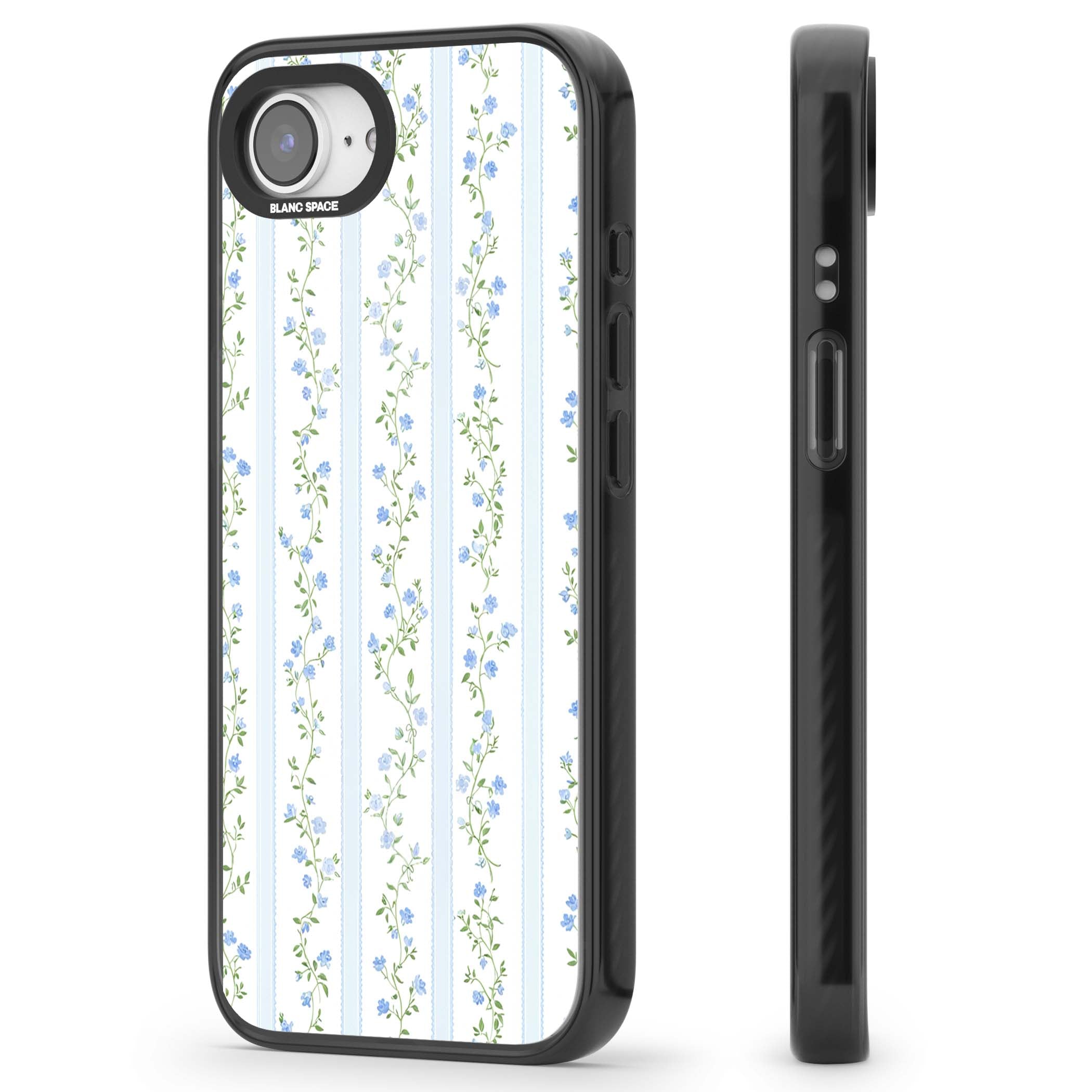 Bluebell Vine cottagecore iPhone case featuring climbing blue roses, trailing green vines, and pale ticking stripes | Black Impact case for iPhone 16e, iPhone 17e
