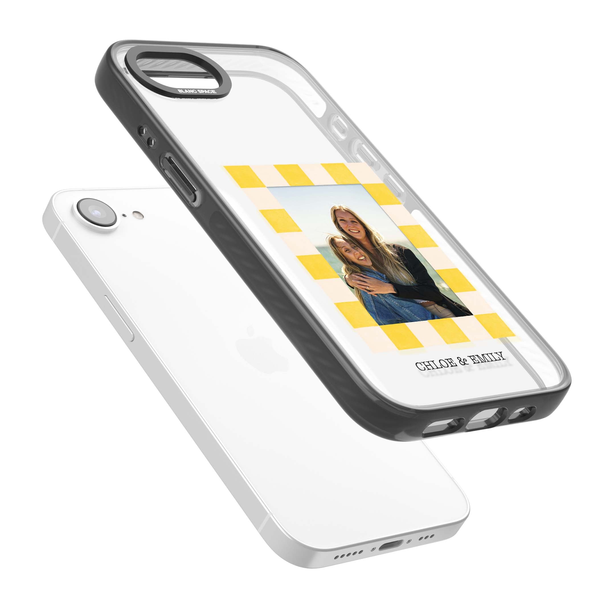 Yellow Check Photo personalised iPhone case with yellow checkered Polaroid frame and custom names beneath | Black Impact case for iPhone 16e, iPhone 17e