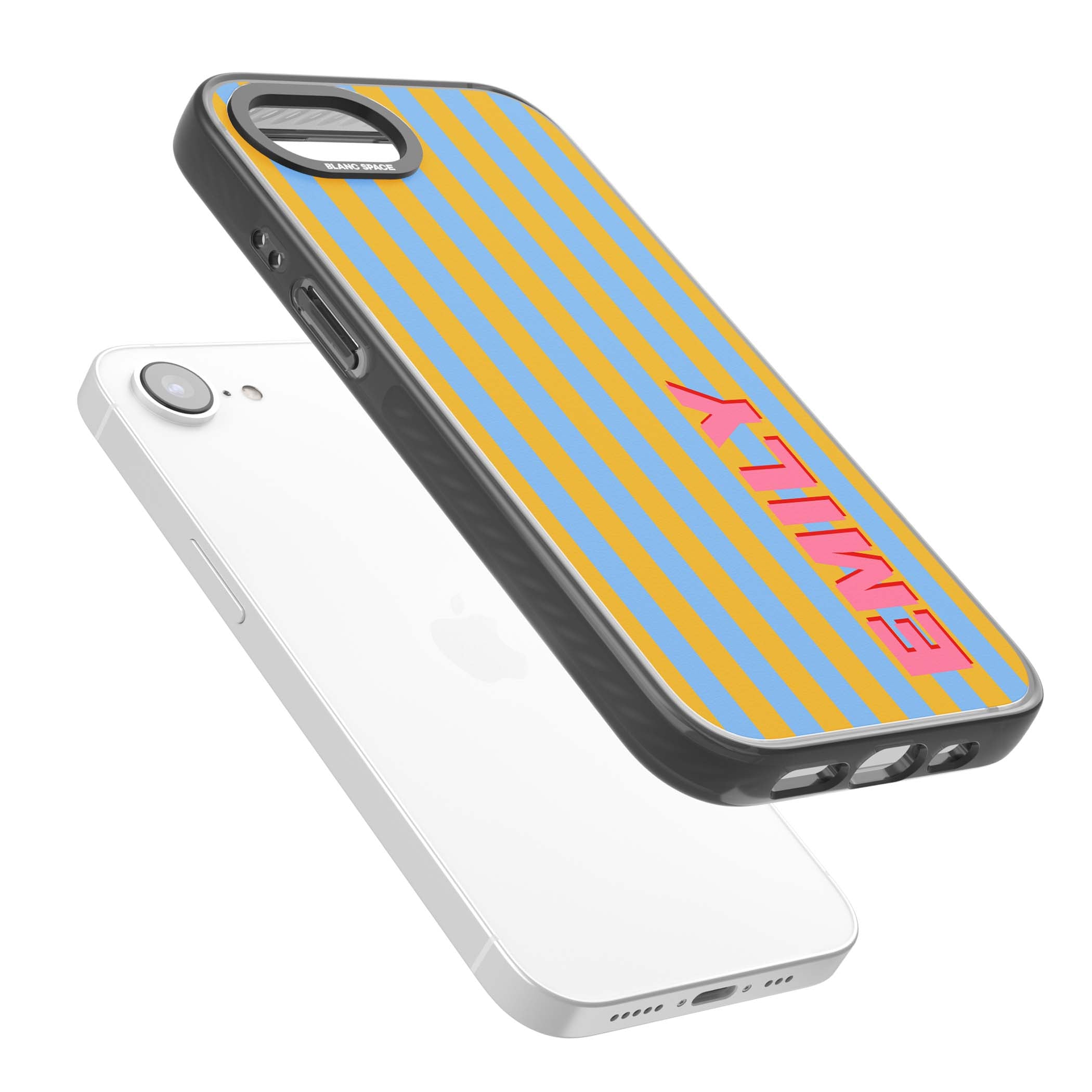 Carribean Stripe personalised coastal iPhone case with yellow and blue vertical stripes and a custom pink name | Black Impact case for iPhone 16e, iPhone 17e
