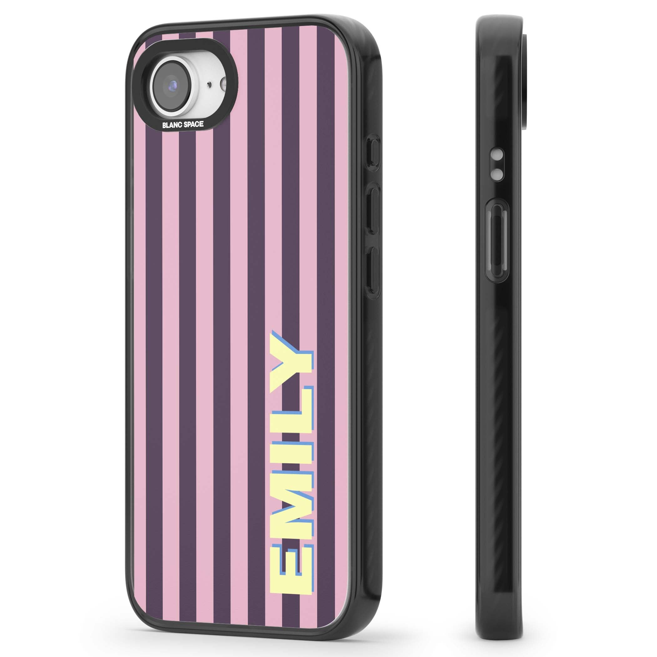 Tyre Stripe personalised stripe iPhone case with plum and pink vertical stripes and custom yellow name | Black Impact case for iPhone 16e, iPhone 17e
