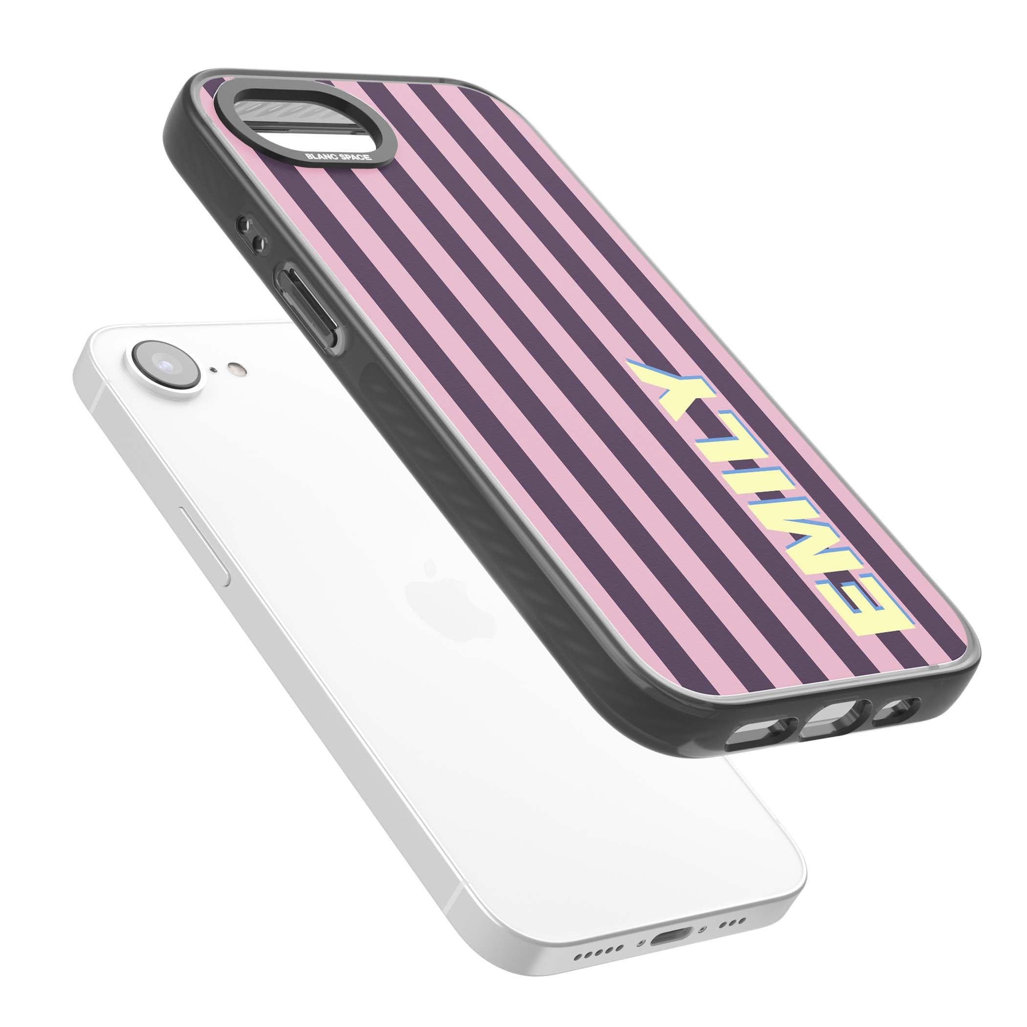 Tyre Stripe personalised stripe iPhone case with plum and pink vertical stripes and custom yellow name | Black Impact case for iPhone 16e, iPhone 17e