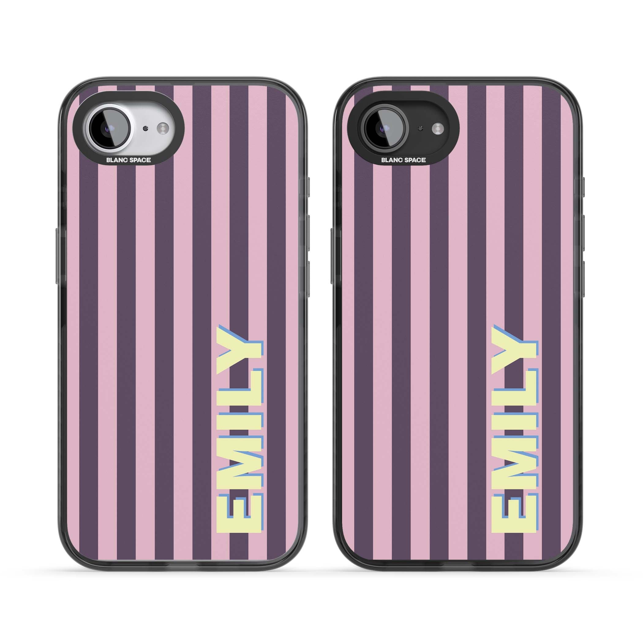 Tyre Stripe personalised stripe iPhone case with plum and pink vertical stripes and custom yellow name | Black Impact case for iPhone 16e, iPhone 17e