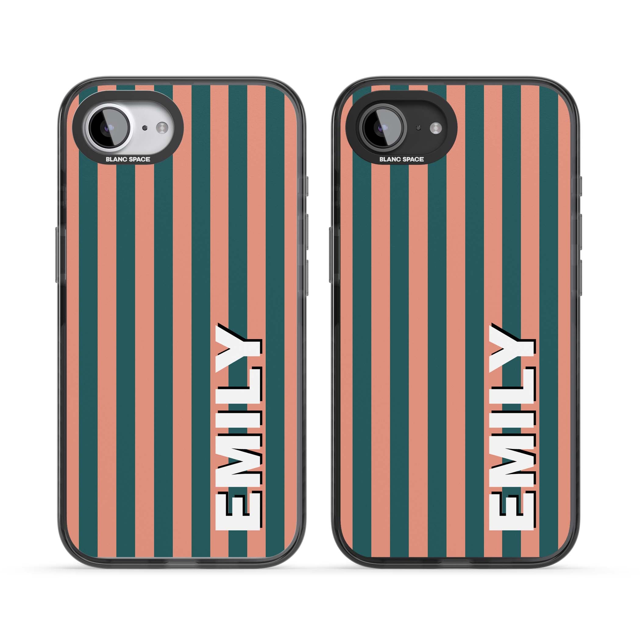 Tuscan Stripe personalised iPhone case featuring coral and green vertical stripes with bold custom name | Black Impact case for iPhone 16e, iPhone 17e