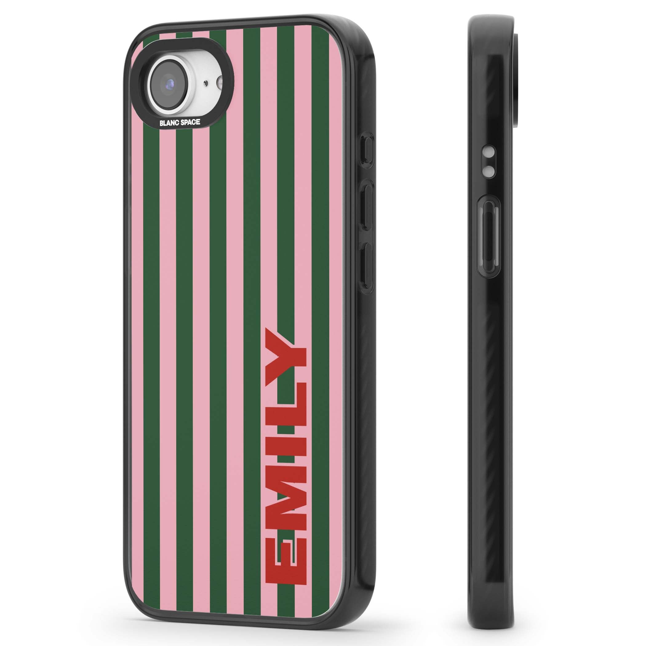 Italian Stripe preppy iPhone case featuring pink and green vertical stripes with personalised red name | Black Impact case for iPhone 16e, iPhone 17e