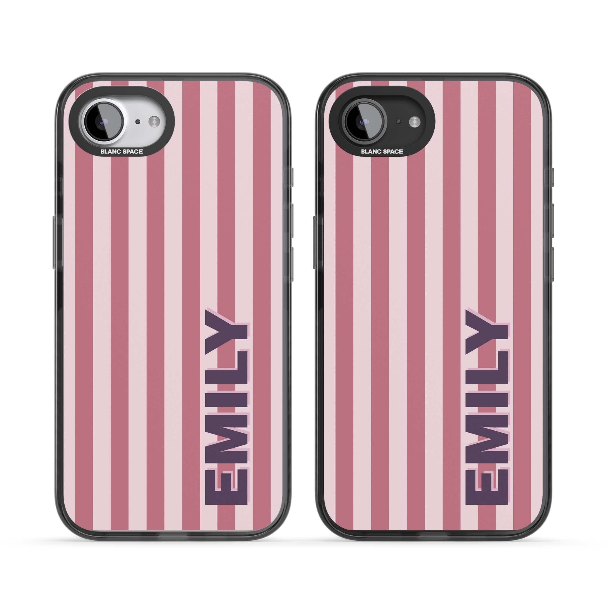 Victoria Stripe personalised iPhone case featuring pink vertical stripes and custom name in bold plum lettering | Black Impact case for iPhone 16e, iPhone 17e