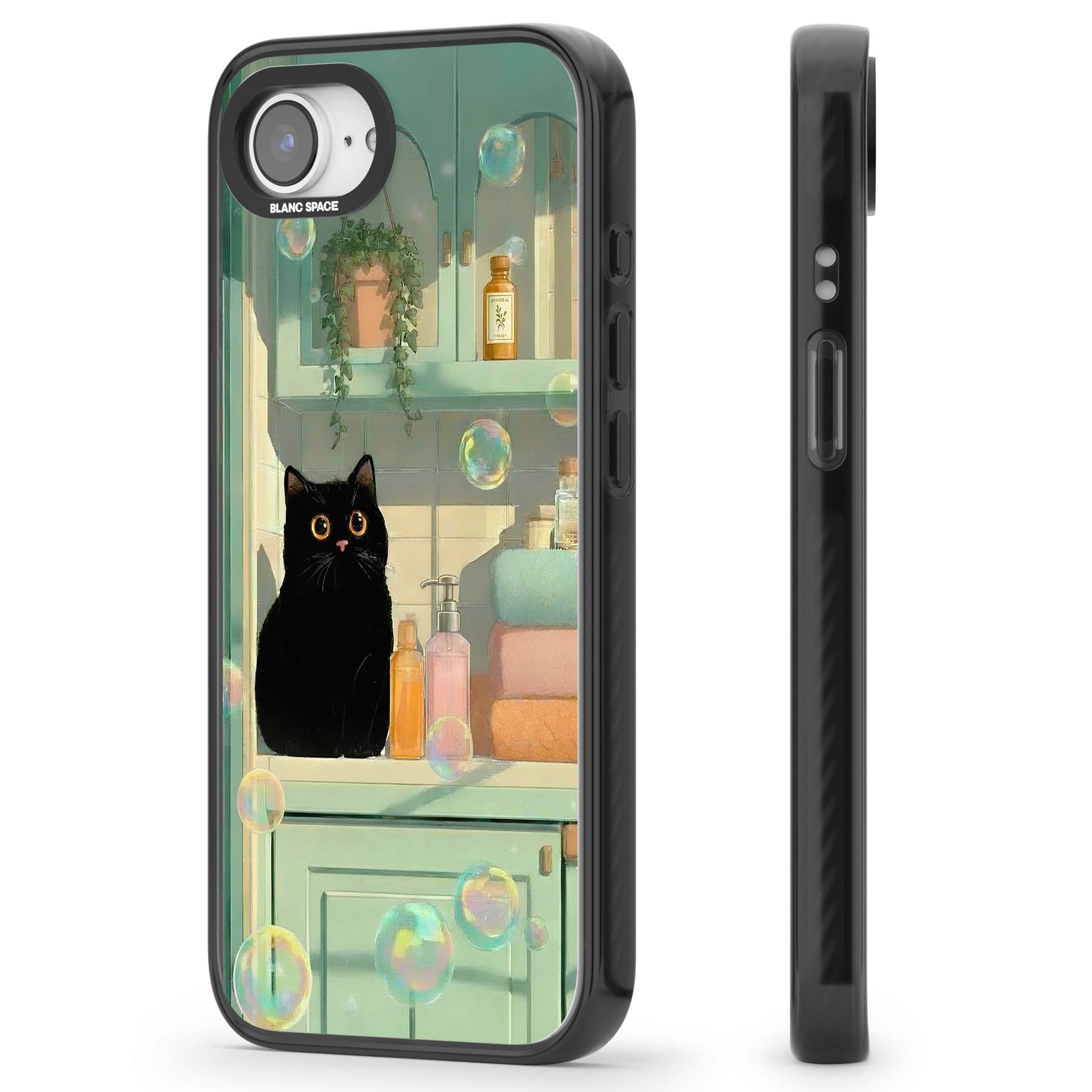 Bathroom Bubble Kitty cottagecore iPhone case featuring a black cat, mint bathroom scene and floating soap bubbles | Black Impact case for iPhone 16e, iPhone 17e
