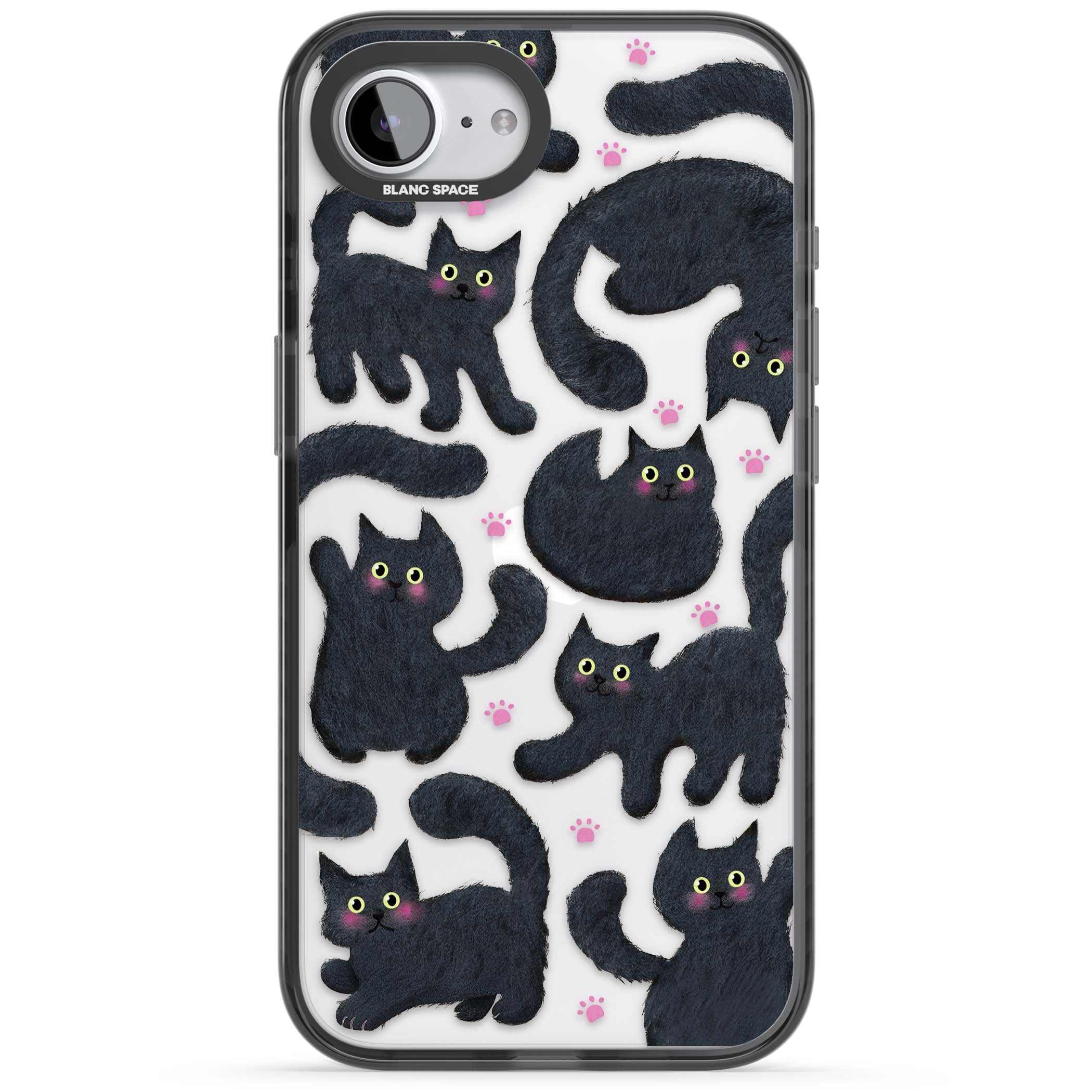 Midnight Cats cute iPhone case featuring black cat pattern with yellow eyes and pink paw prints | Black Impact case for iPhone 16e, iPhone 17e