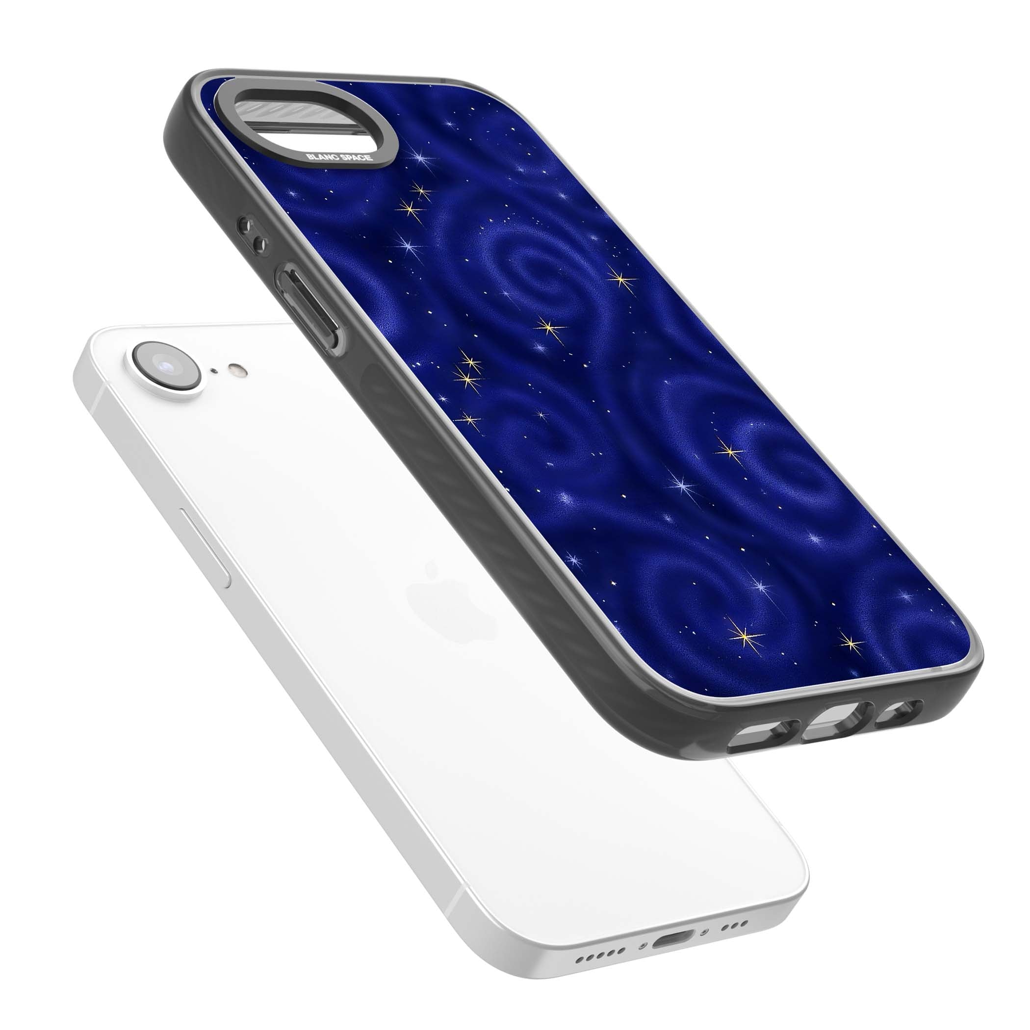 Indigo Cosmos celestial iPhone case featuring swirling navy night sky and sparkling golden stars | Black Impact case for iPhone 16e, iPhone 17e