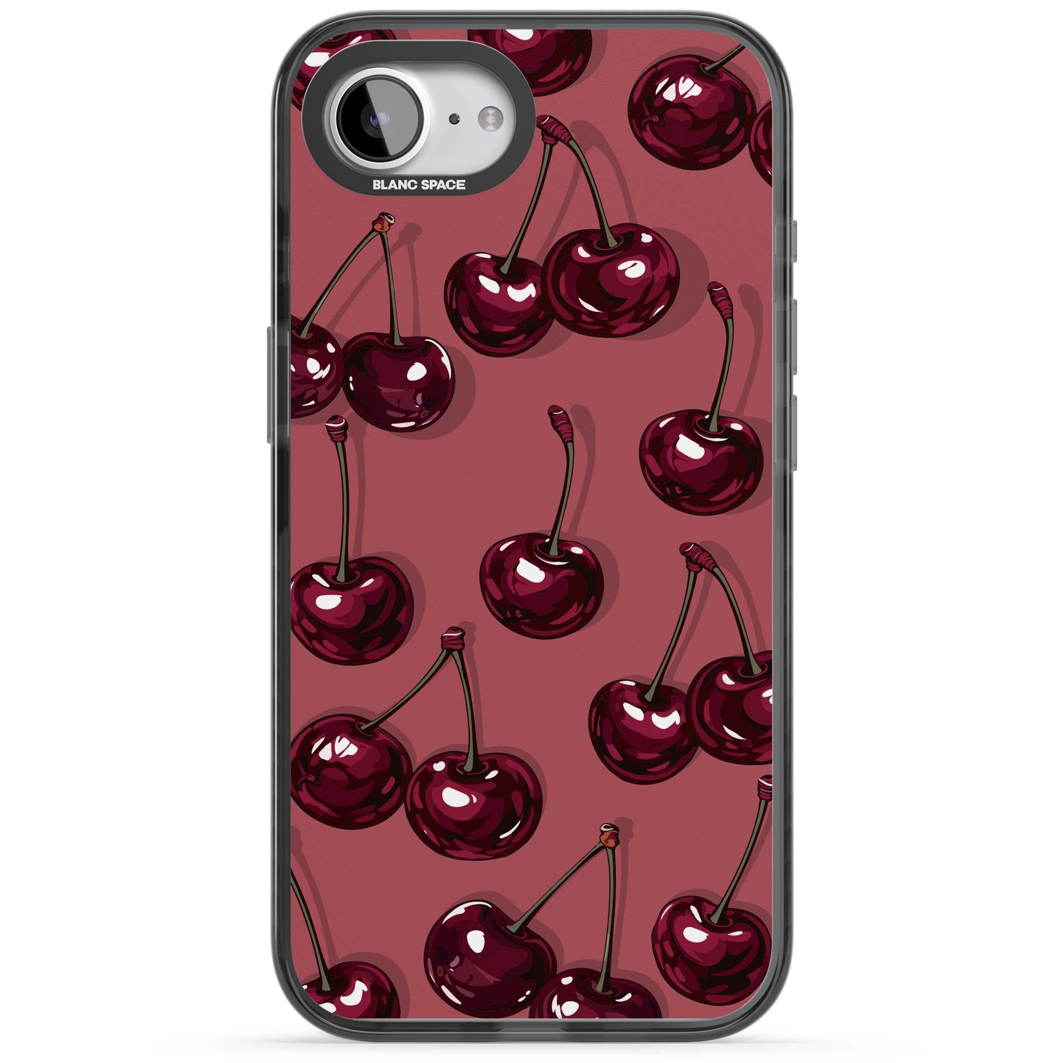 Cherry Rebel coquette iPhone case featuring glossy burgundy cherries on a dusty rose background | Black Impact case for iPhone 16e, iPhone 17e