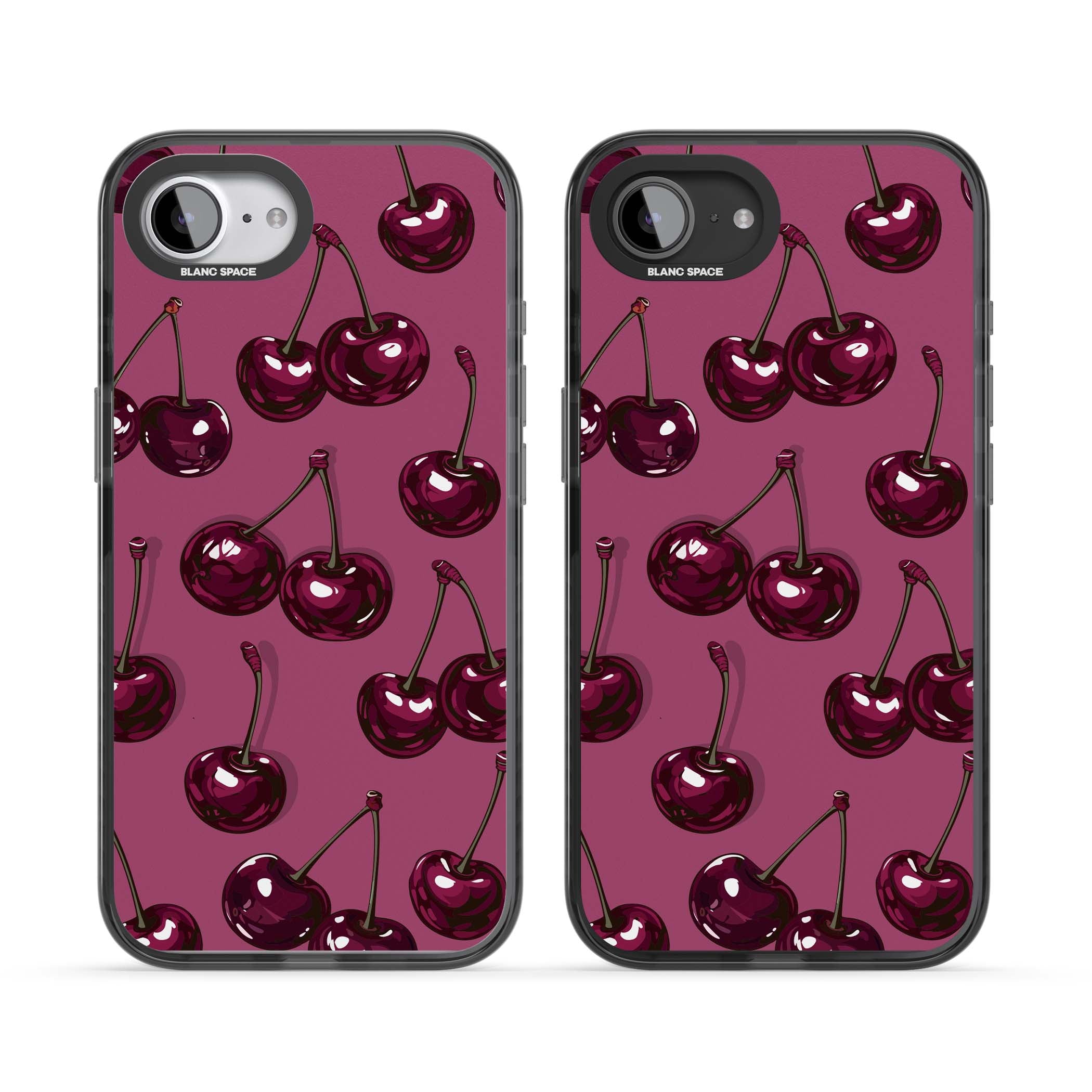 Cherry Soda coquette iPhone case featuring glossy burgundy cherries on a dusty pink background | Black Impact case for iPhone 16e, iPhone 17e