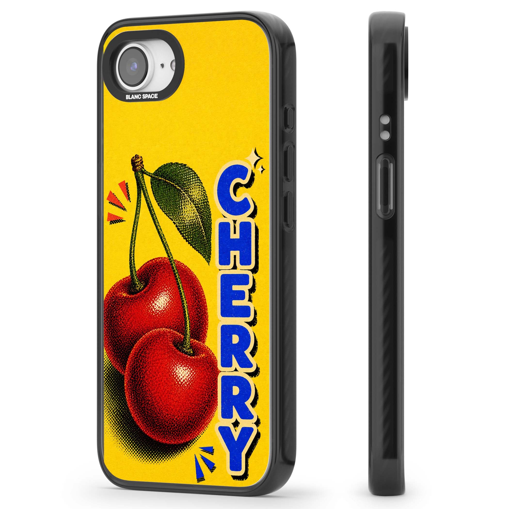 Cherry Yellow y2k iPhone case featuring two red cherries, halftone shading and bold blue CHERRY lettering on yellow | Black Impact case for iPhone 16e, iPhone 17e