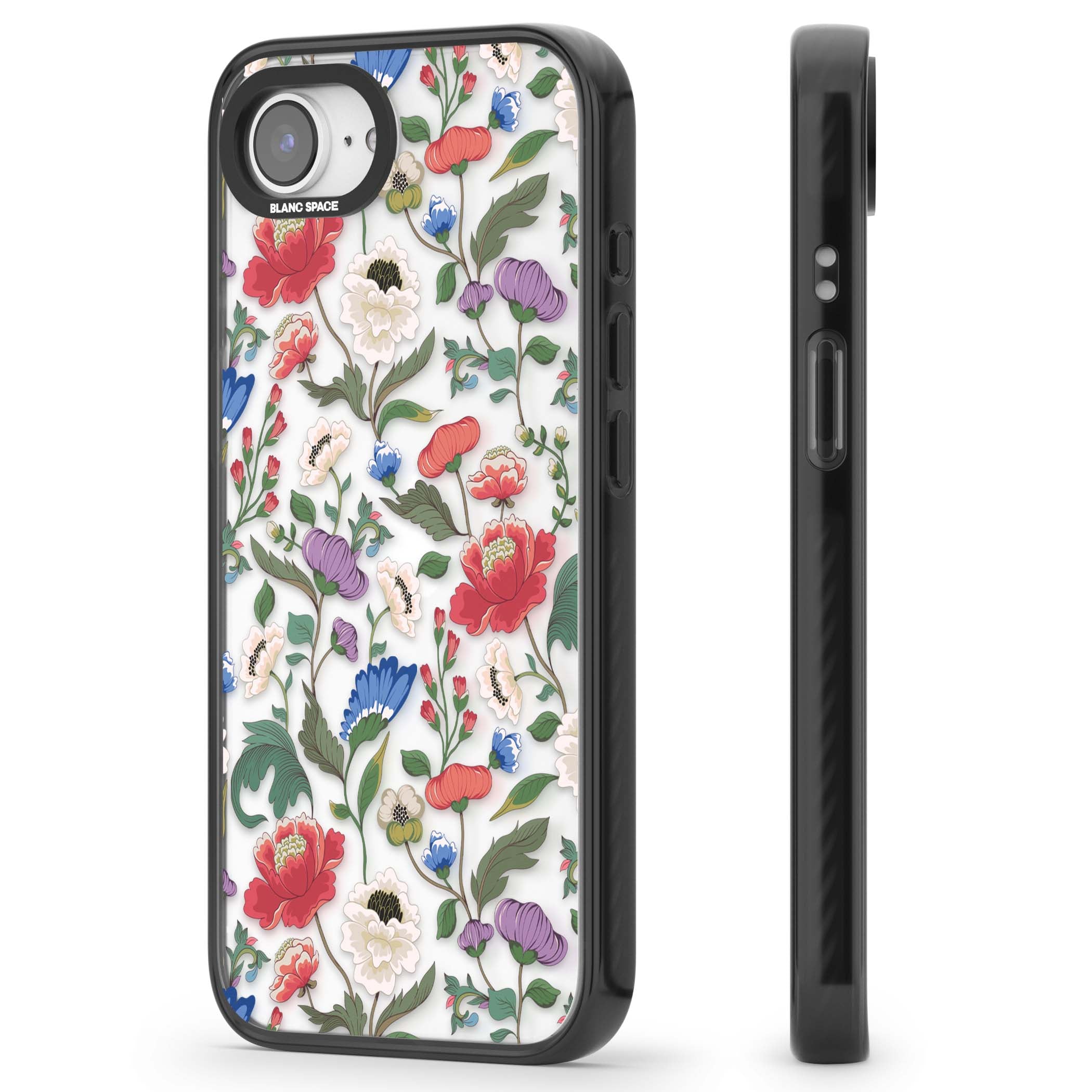 Chinoiserie Bloom vintage floral iPhone case featuring hand-painted peonies, poppies and trailing wildflowers on clear... | Black Impact case for iPhone 16e, iPhone 17e