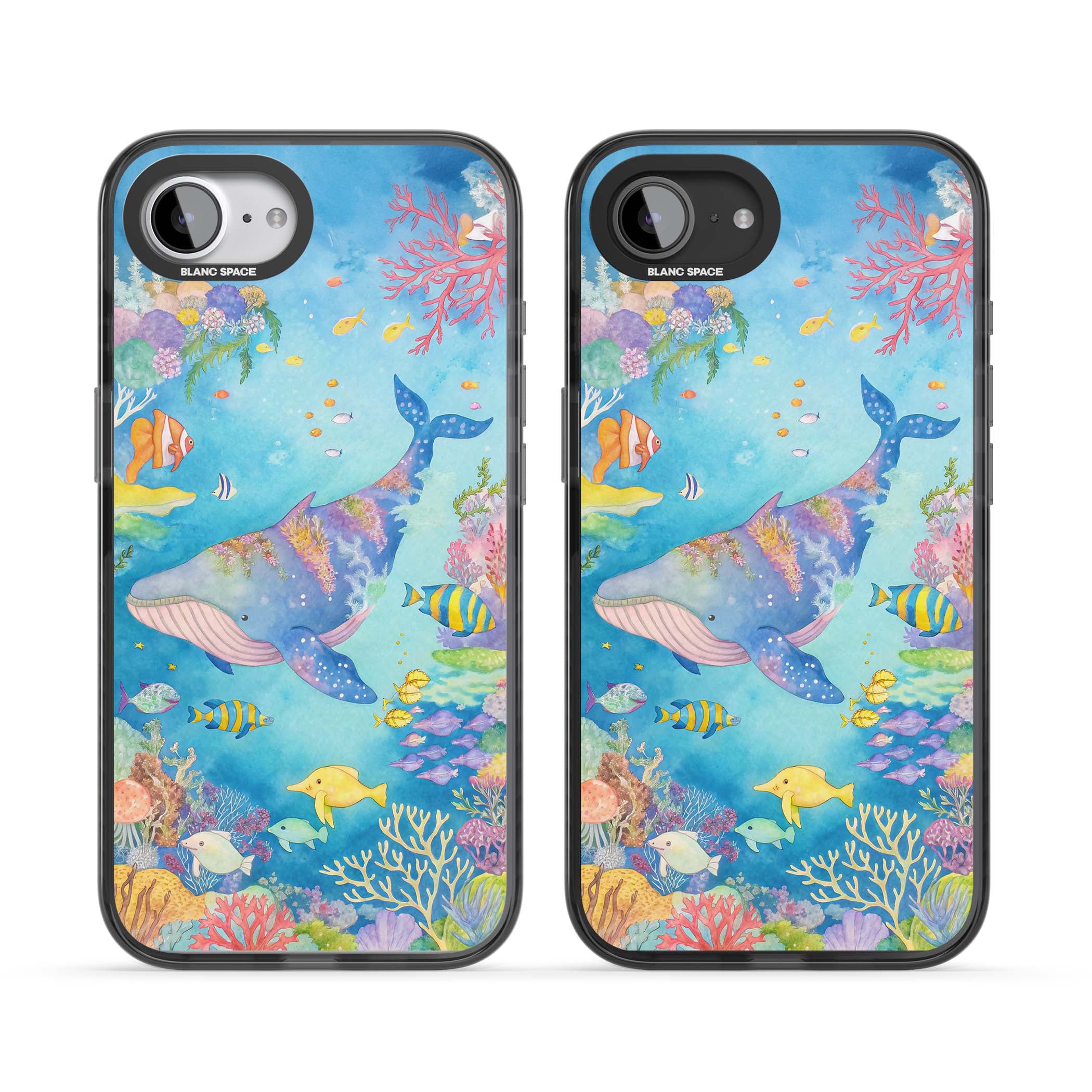 Coral Lagoon ocean iPhone case featuring a watercolour whale, coral reef and tropical fish | Black Impact case for iPhone 16e, iPhone 17e