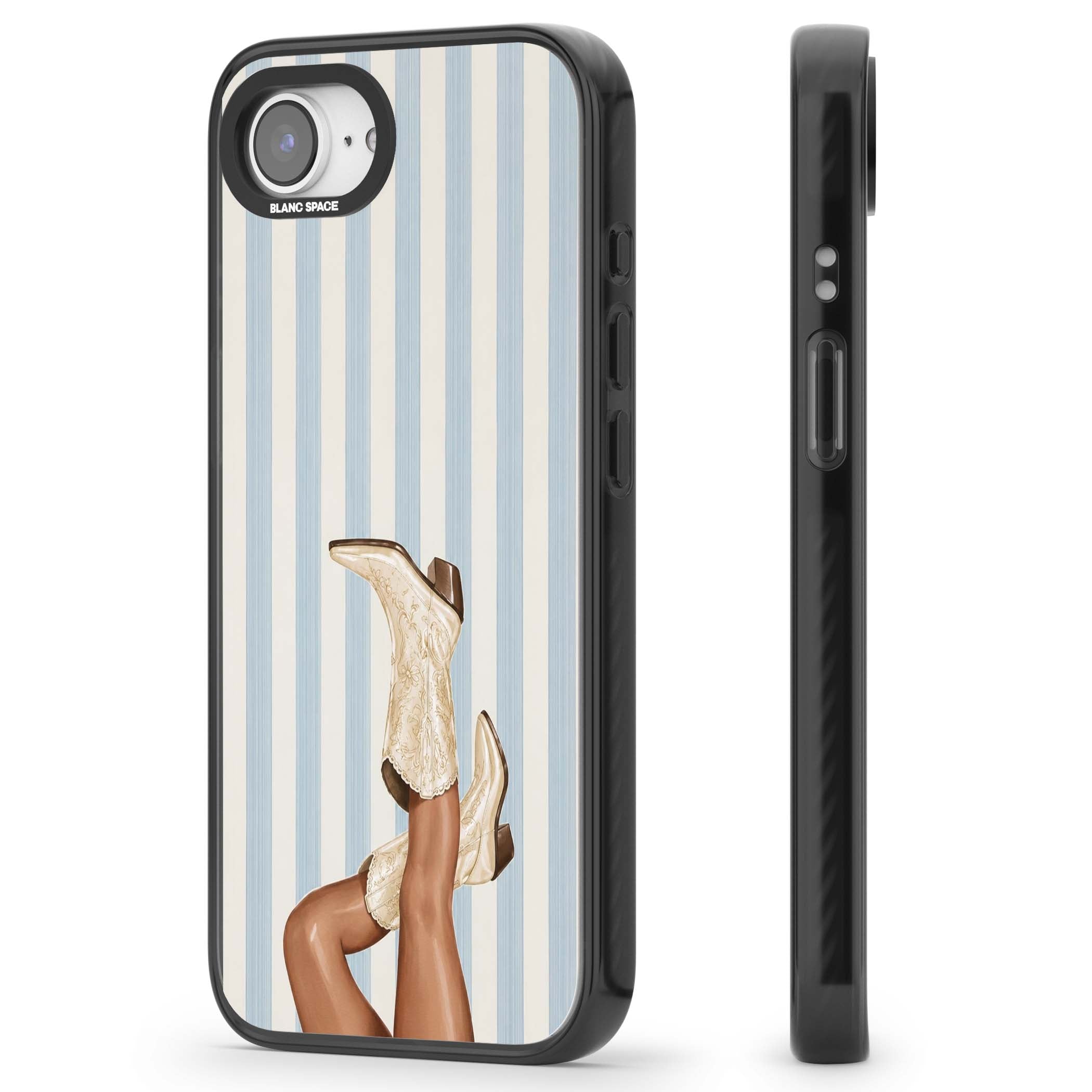 Cowgirl Boots coastal cowgirl iPhone case featuring embroidered western boots, tanned legs and a blue stripe backdrop | Black Impact case for iPhone 16e, iPhone 17e