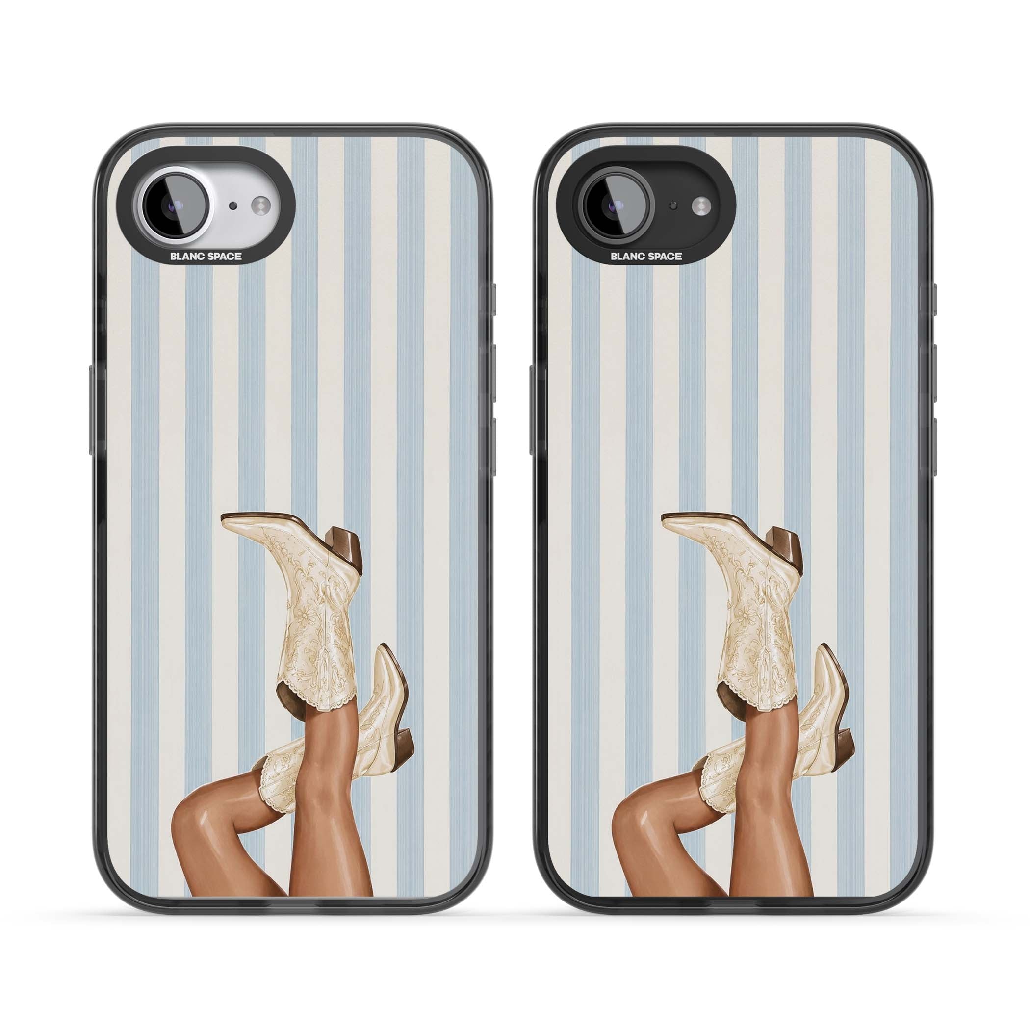 Cowgirl Boots coastal cowgirl iPhone case featuring embroidered western boots, tanned legs and a blue stripe backdrop | Black Impact case for iPhone 16e, iPhone 17e