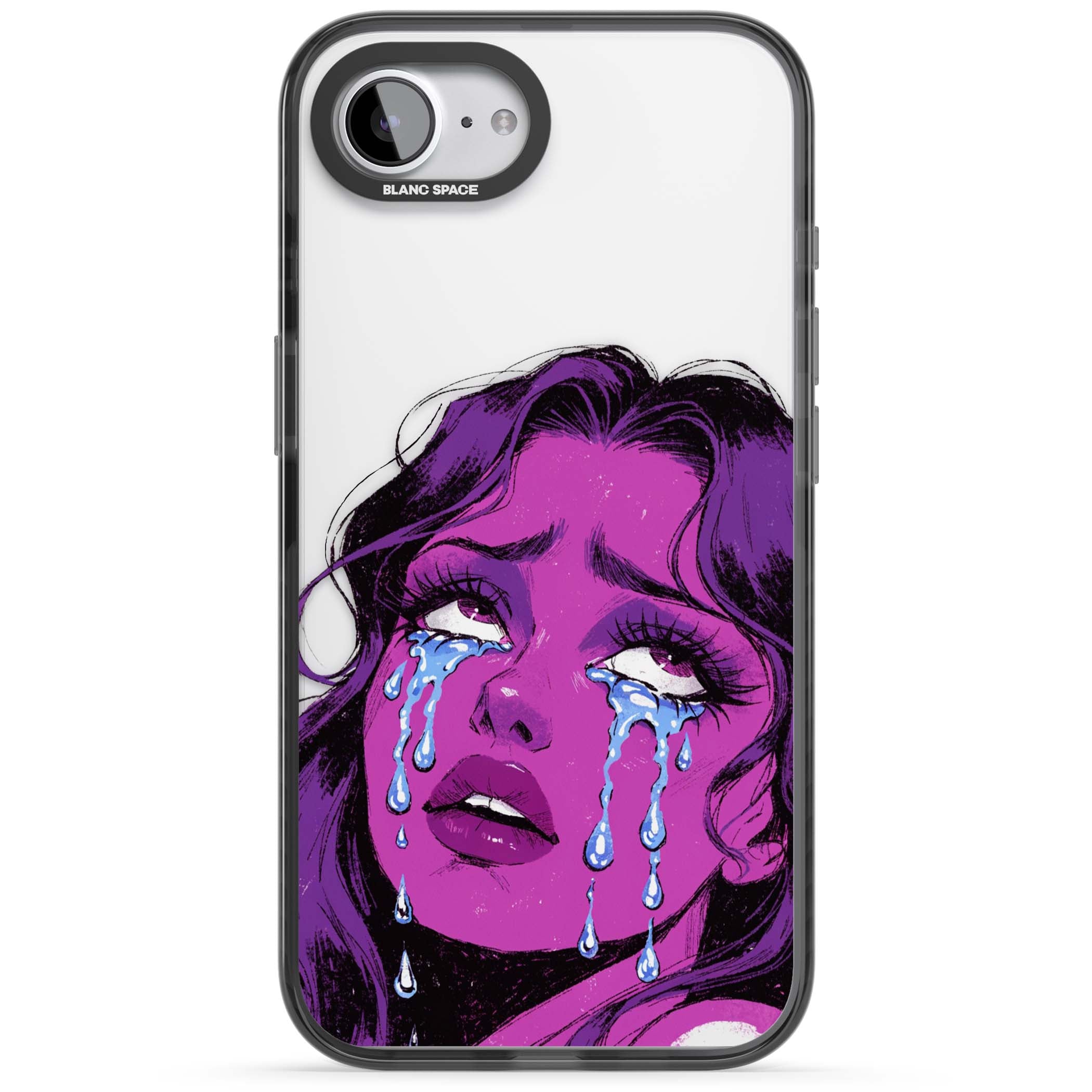 Drama Queen pop art iPhone case featuring a purple crying comic girl with blue tears | Black Impact case for iPhone 16e, iPhone 17e