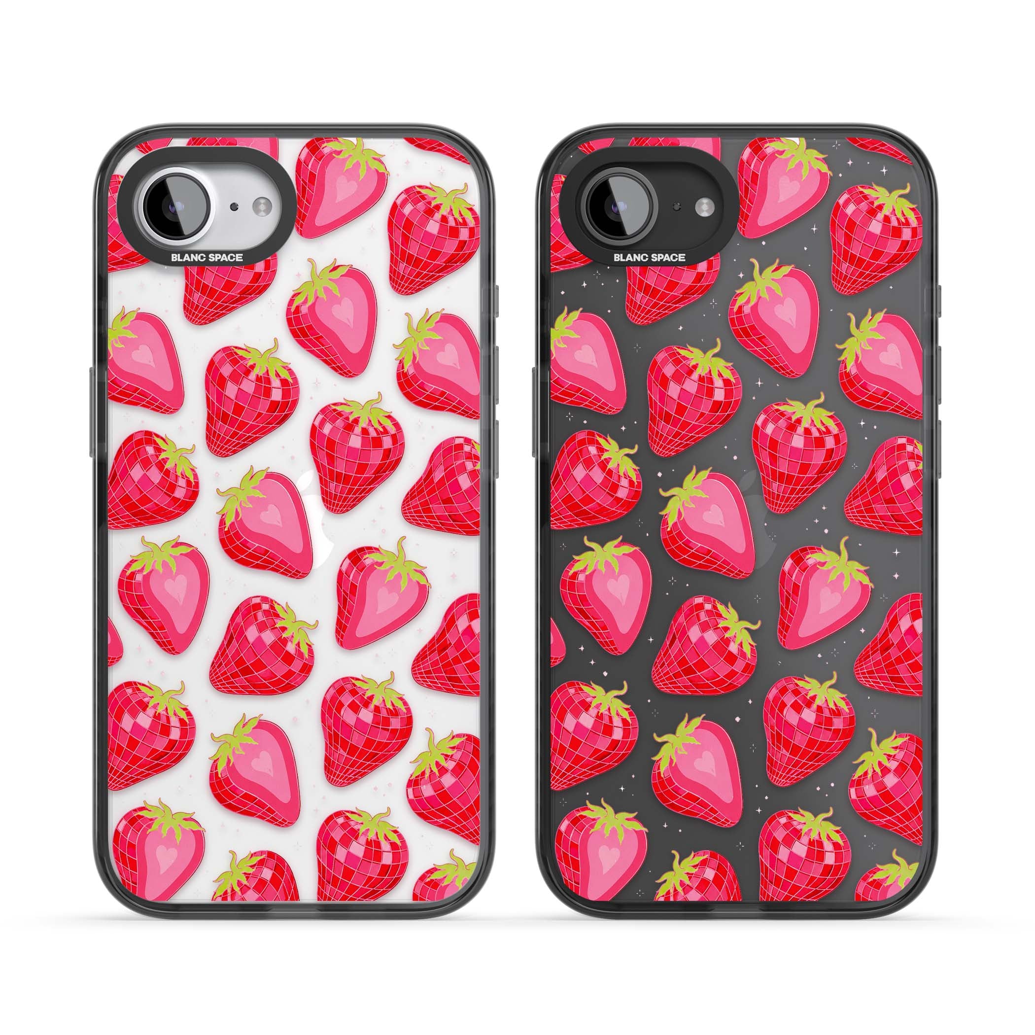 Disco Strawberry Y2K iPhone case featuring pink disco-ball strawberries, green leaves and tiny sparkles | Black Impact case for iPhone 16e, iPhone 17e