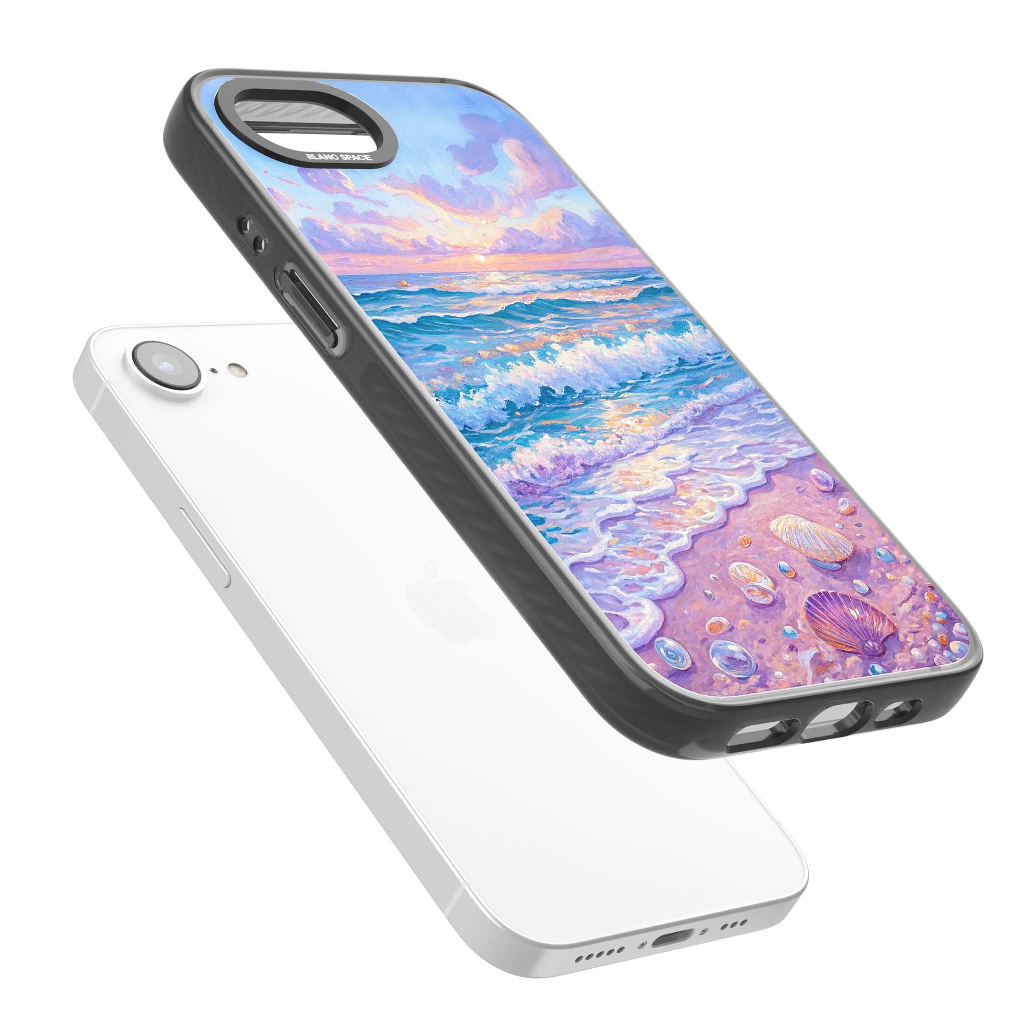 Pearl Shore coastal iPhone case featuring pastel painted waves, seashells, and a sunrise sky over a lavender beach. | Black Impact case for iPhone 16e, iPhone 17e