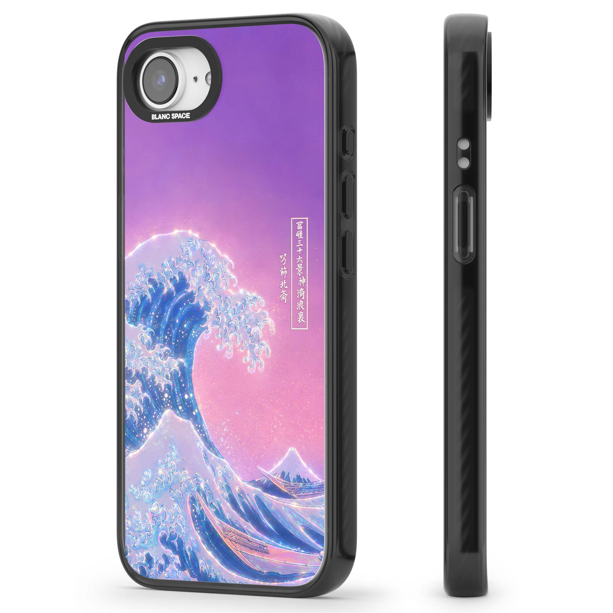 The Great Opal Wave Japanese iPhone case featuring Hokusai's great wave in iridescent pastels with lilac sky and Mou | Black Impact case for iPhone 16e, iPhone 17e