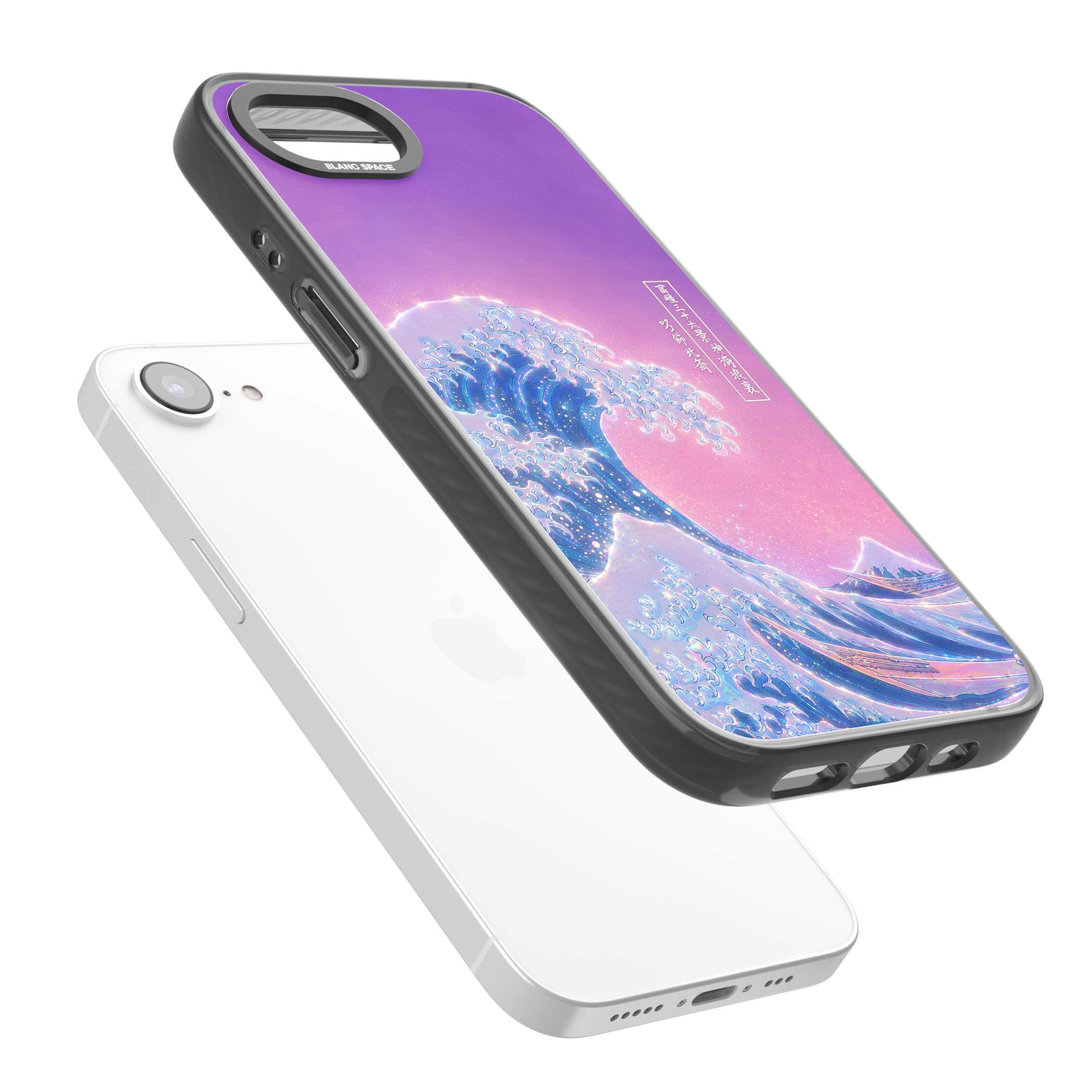 The Great Opal Wave Japanese iPhone case featuring Hokusai's great wave in iridescent pastels with lilac sky and Mou | Black Impact case for iPhone 16e, iPhone 17e