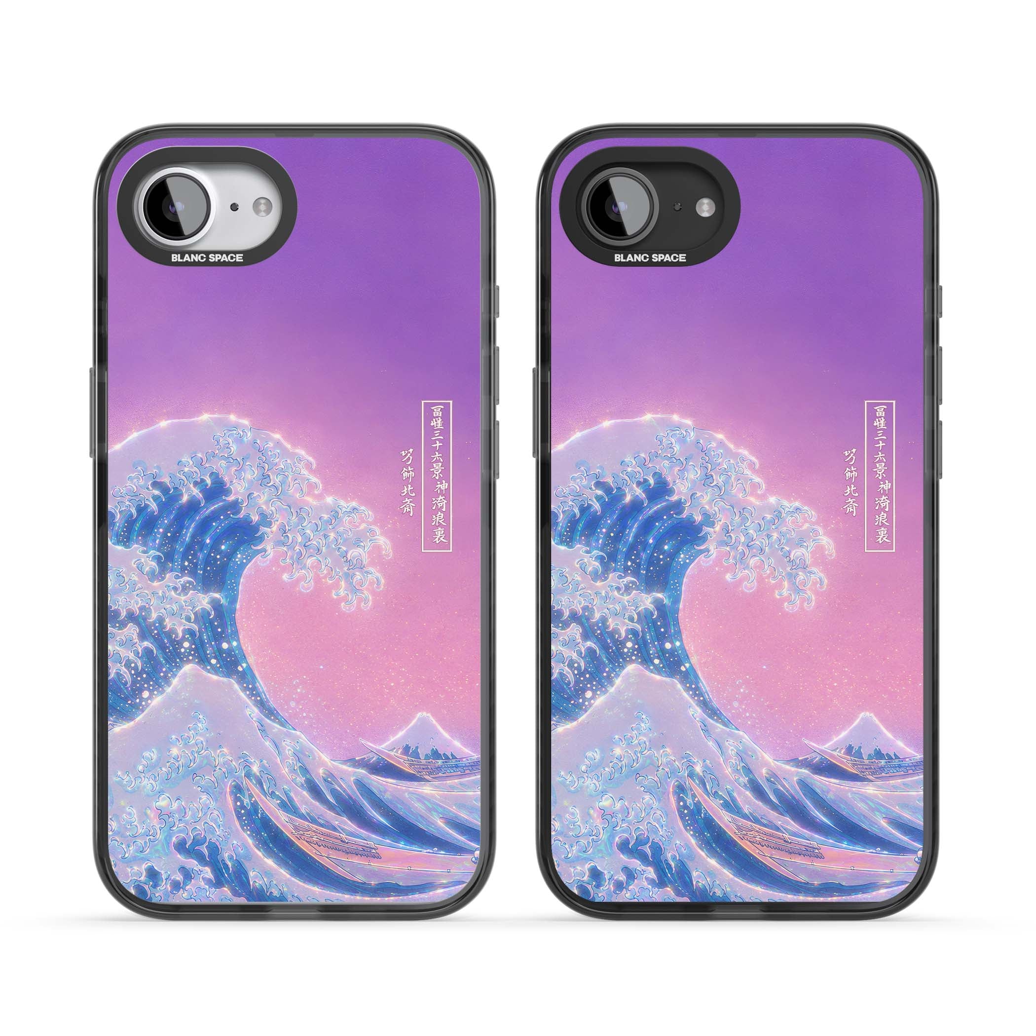 The Great Opal Wave Japanese iPhone case featuring Hokusai's great wave in iridescent pastels with lilac sky and Mou | Black Impact case for iPhone 16e, iPhone 17e