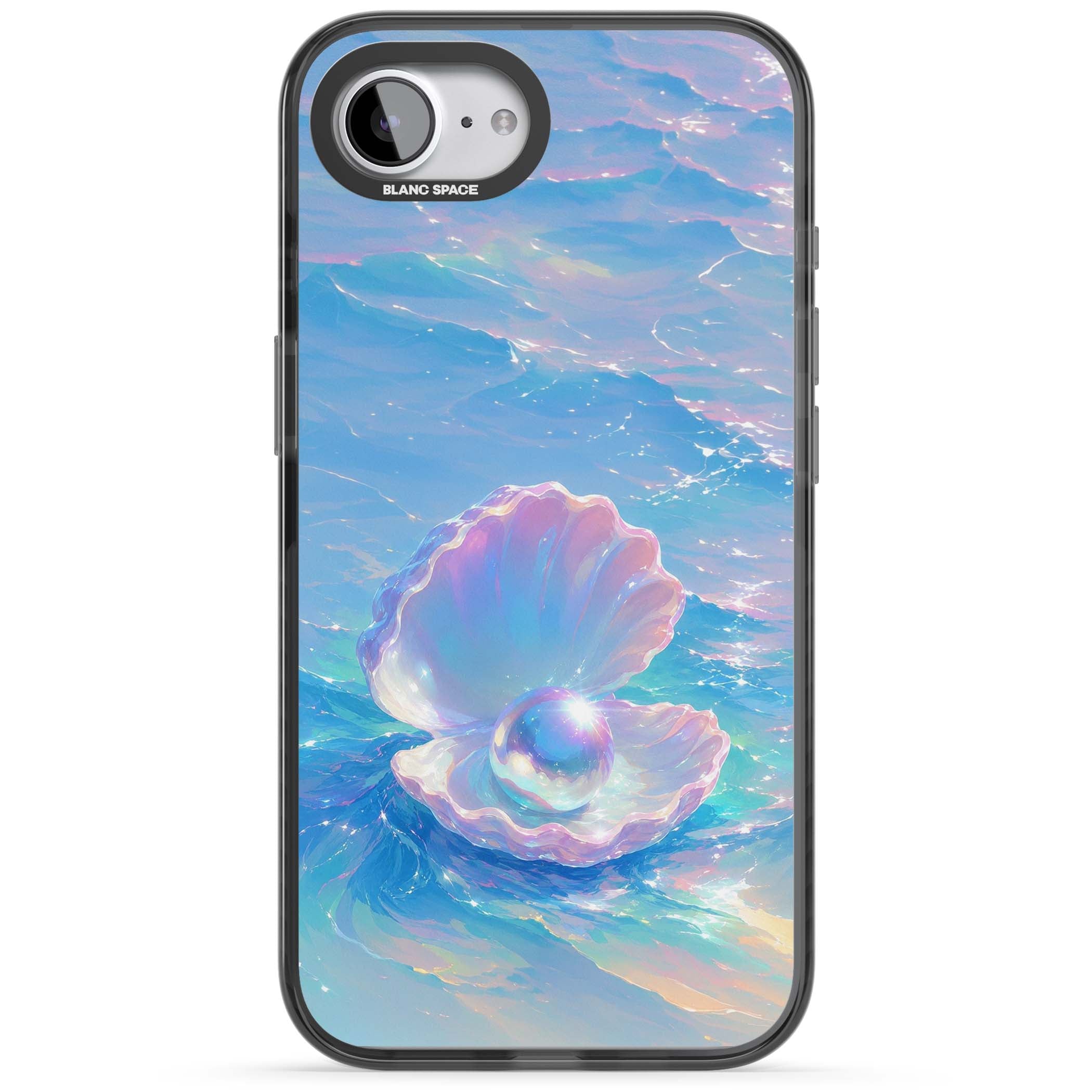 The Pearl Clam mermaidcore iPhone case featuring iridescent seashell, glowing pearl and pastel ocean waves | Black Impact case for iPhone 16e, iPhone 17e