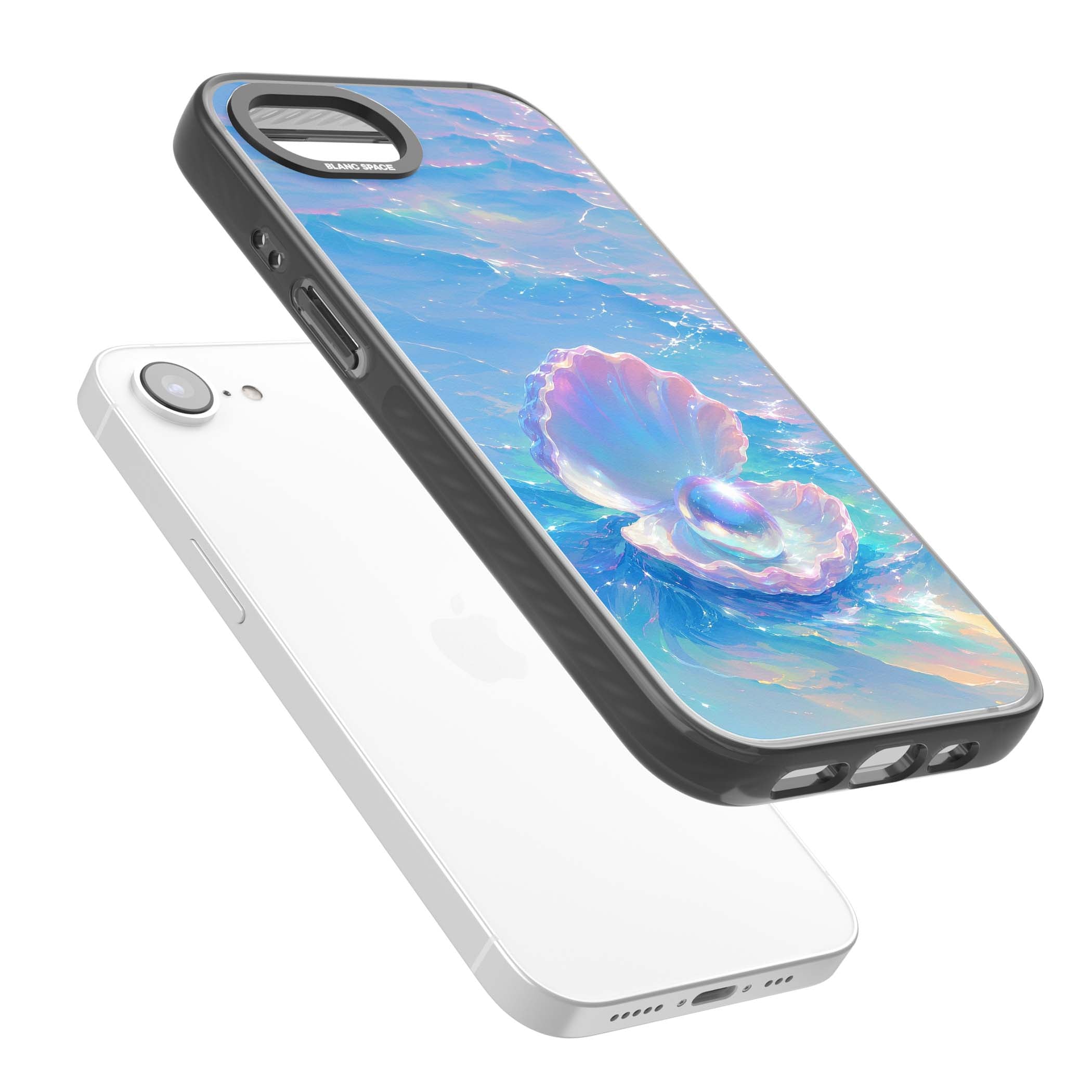 The Pearl Clam mermaidcore iPhone case featuring iridescent seashell, glowing pearl and pastel ocean waves | Black Impact case for iPhone 16e, iPhone 17e