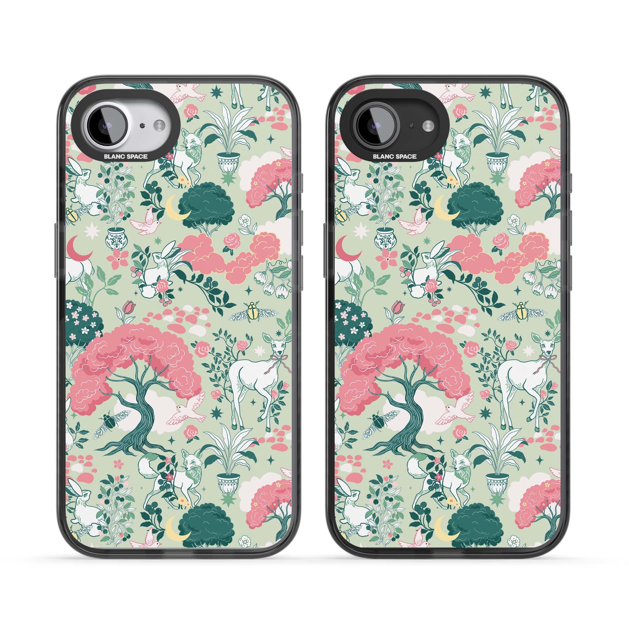 Enchanted Woodland cottagecore iPhone case featuring white deer, pink roses, mushrooms and woodland animals on sage green | Black Impact case for iPhone 16e, iPhone 17e