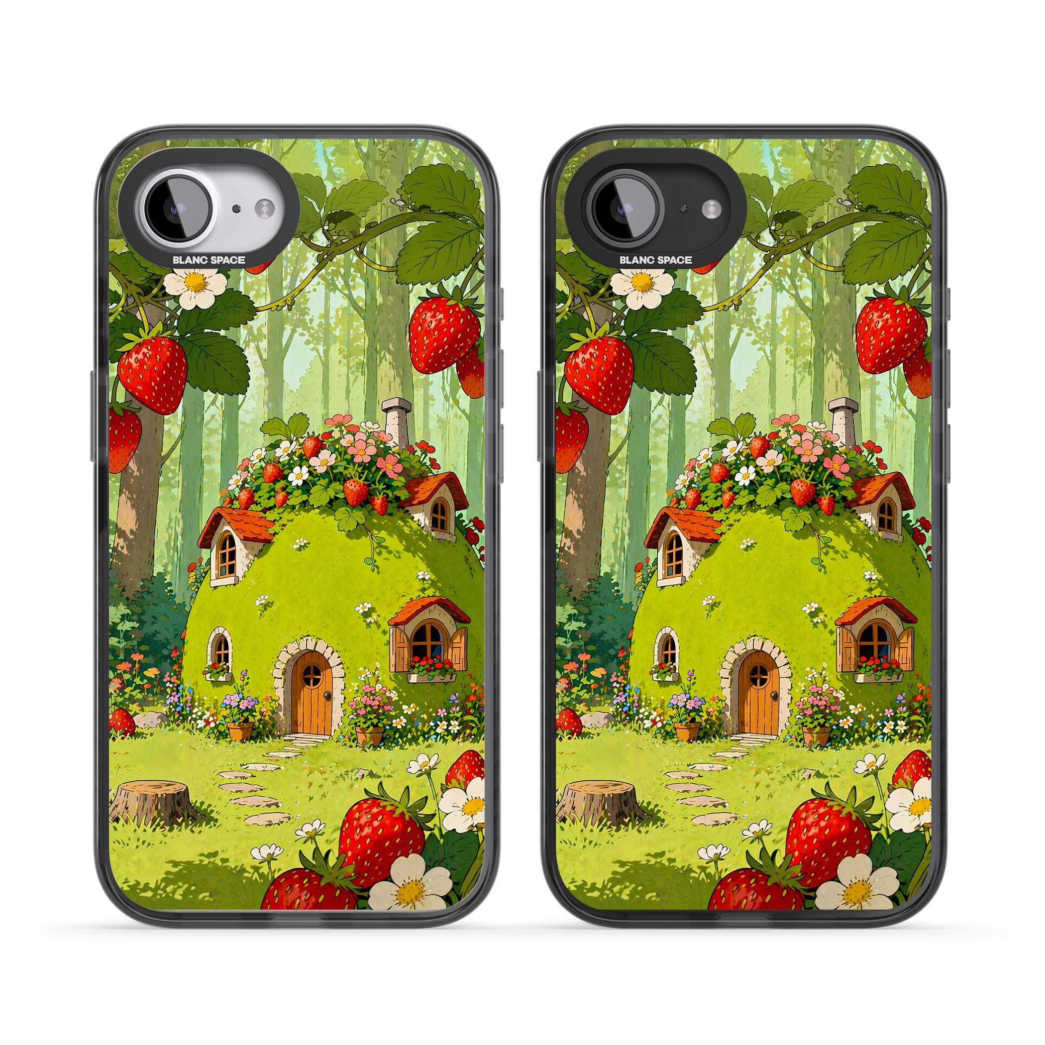 Strawberry Cottage cottagecore iPhone case featuring a green fairy house, wild strawberries and enchanted forest flowers | Black Impact case for iPhone 16e, iPhone 17e