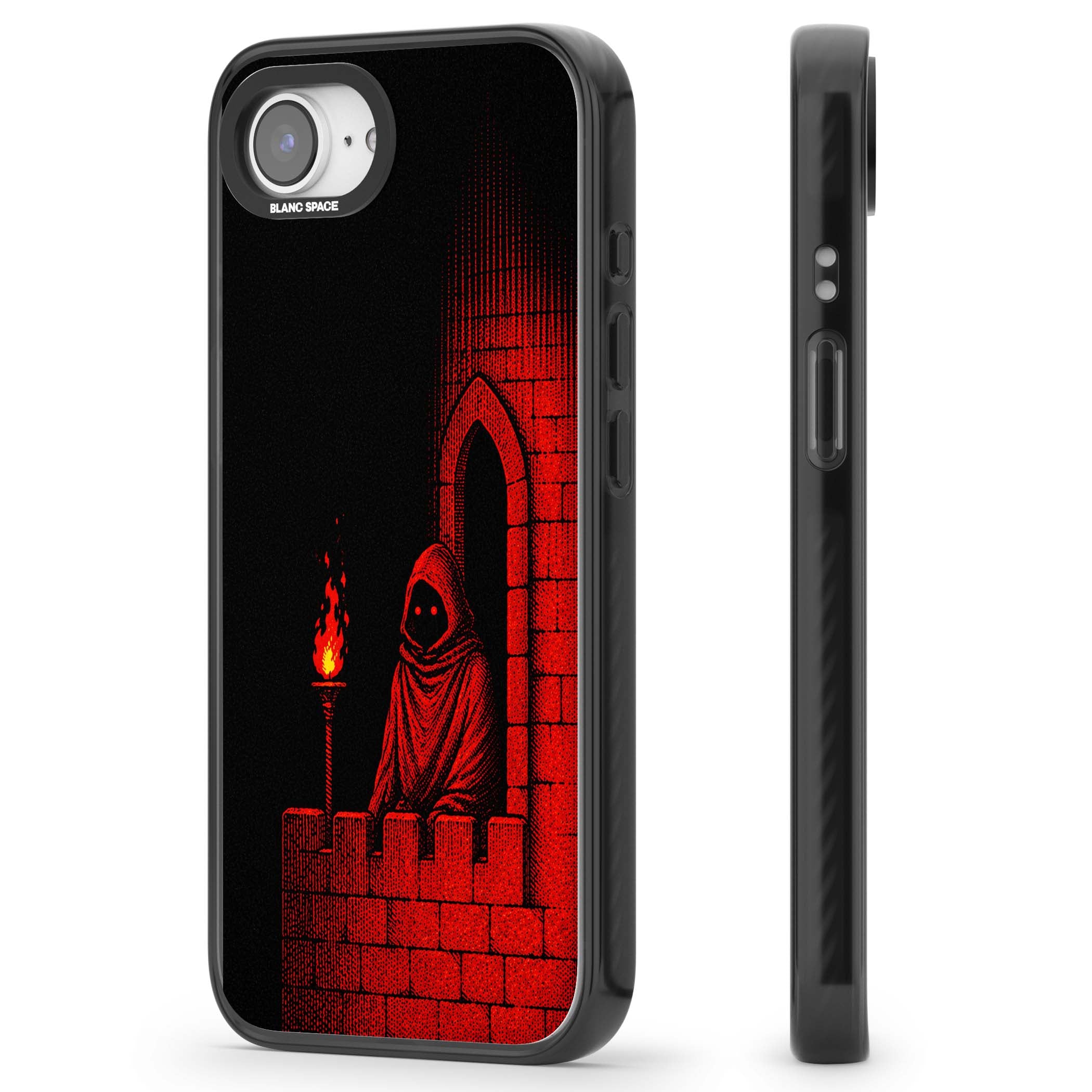 Crimson Crypt gothic iPhone case featuring a hooded reaper, torchlit crypt archway and red halftone horror art | Black Impact case for iPhone 16e, iPhone 17e
