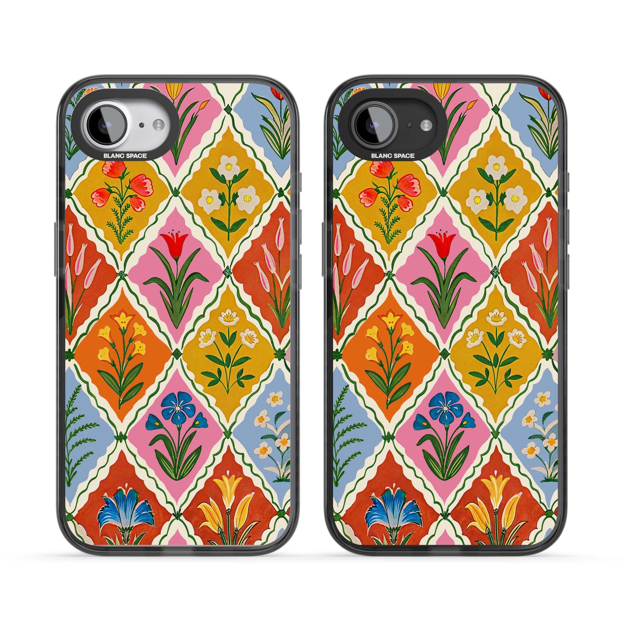 Floral Quilt boho floral iPhone case featuring diamond lattice pattern, hand-painted tulips and folk art wildflowers | Black Impact case for iPhone 16e, iPhone 17e