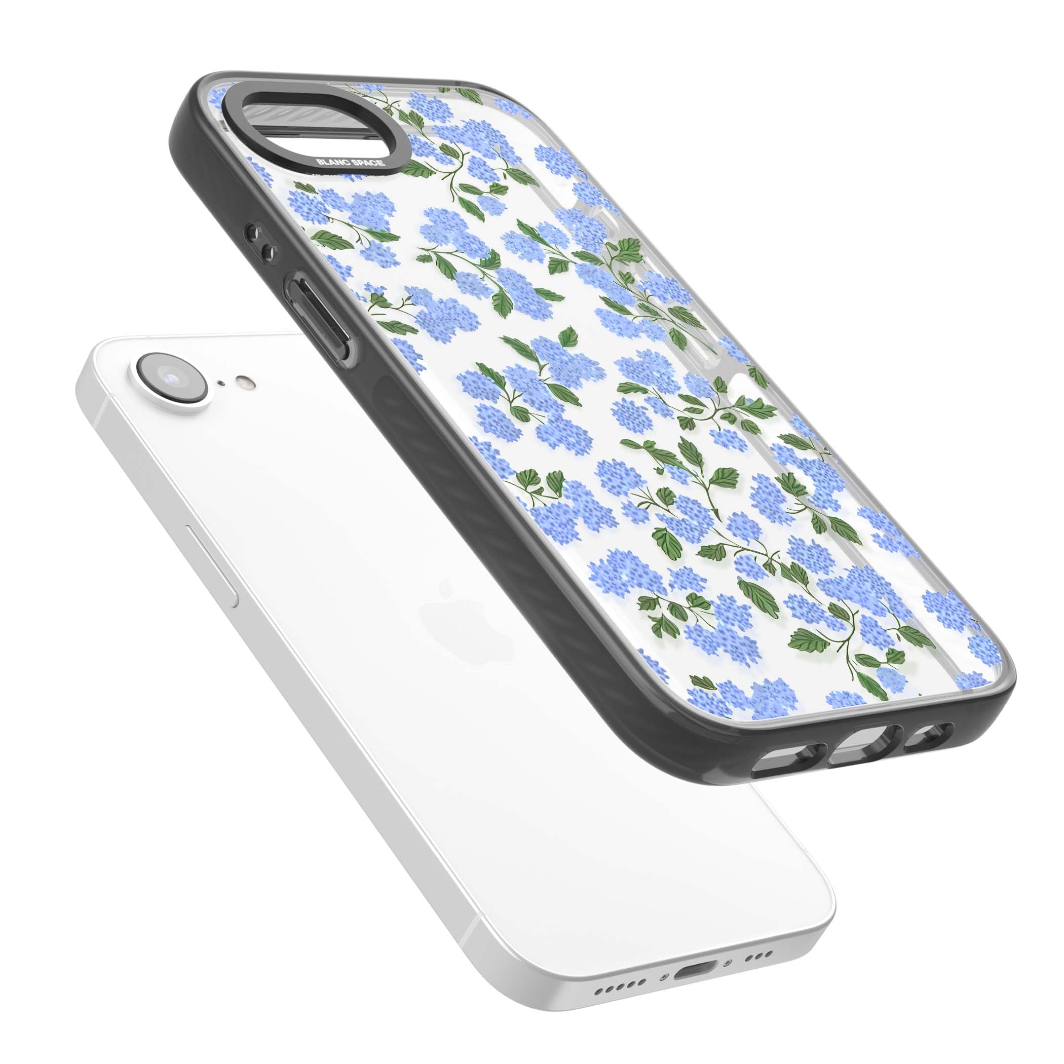 Hydrangea Dreams cottagecore iPhone case featuring soft blue hydrangea flower clusters and green leaves | Black Impact case for iPhone 16e, iPhone 17e