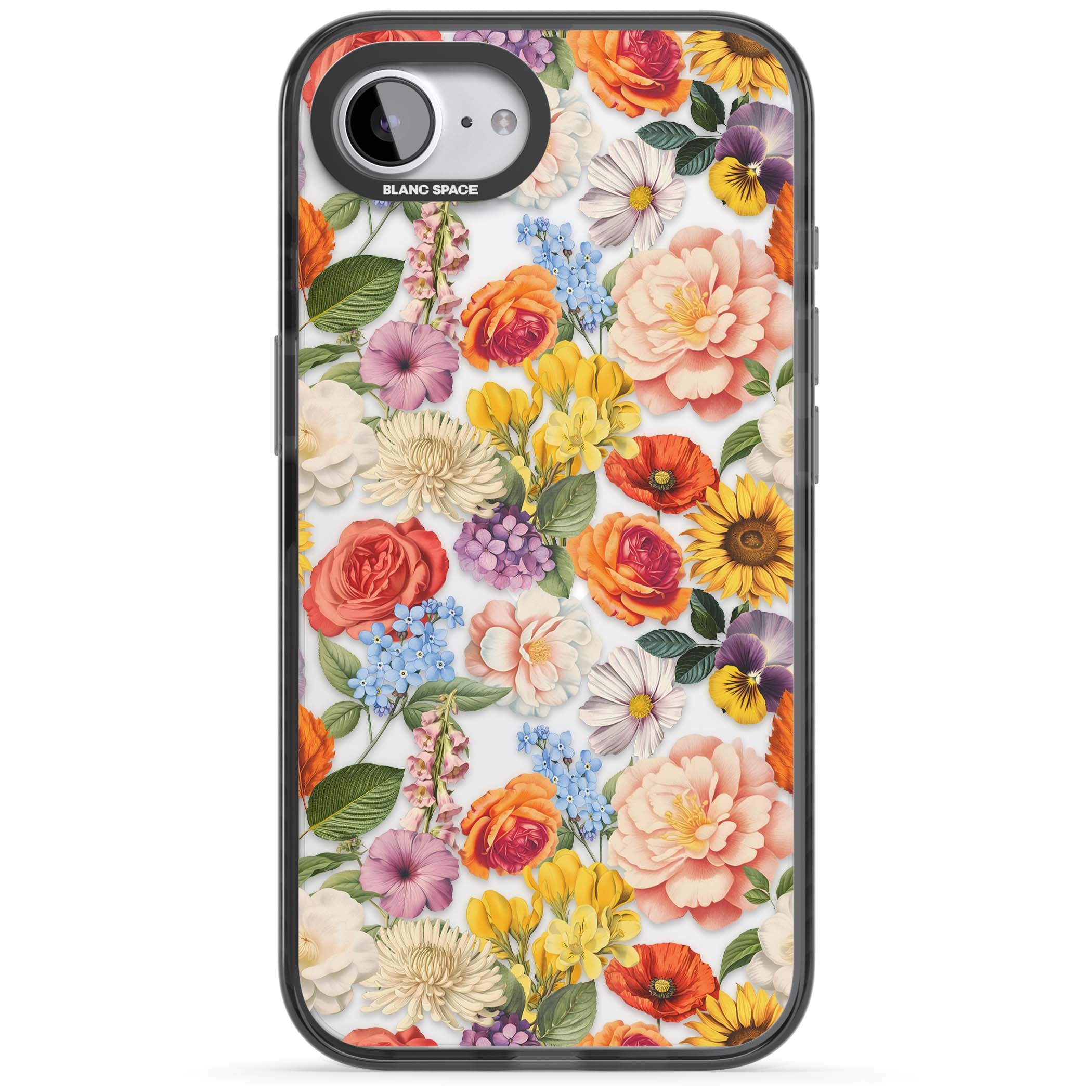 Bloom Basket floral iPhone case featuring cottage garden flowers including peonies, sunflowers, and wildflowers in pastel col | Black Impact case for iPhone 16e, iPhone 17e