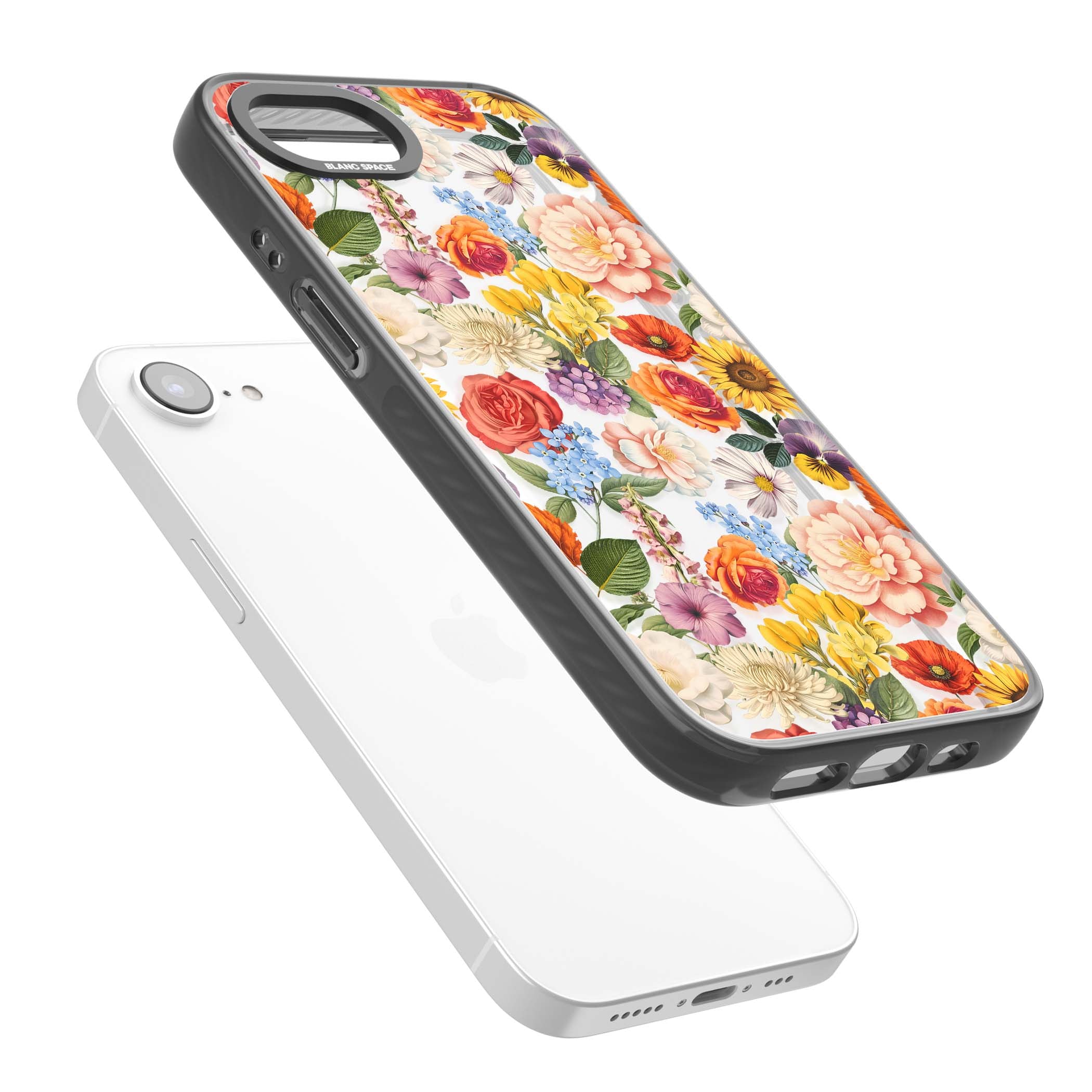 Bloom Basket floral iPhone case featuring cottage garden flowers including peonies, sunflowers, and wildflowers in pastel col | Black Impact case for iPhone 16e, iPhone 17e