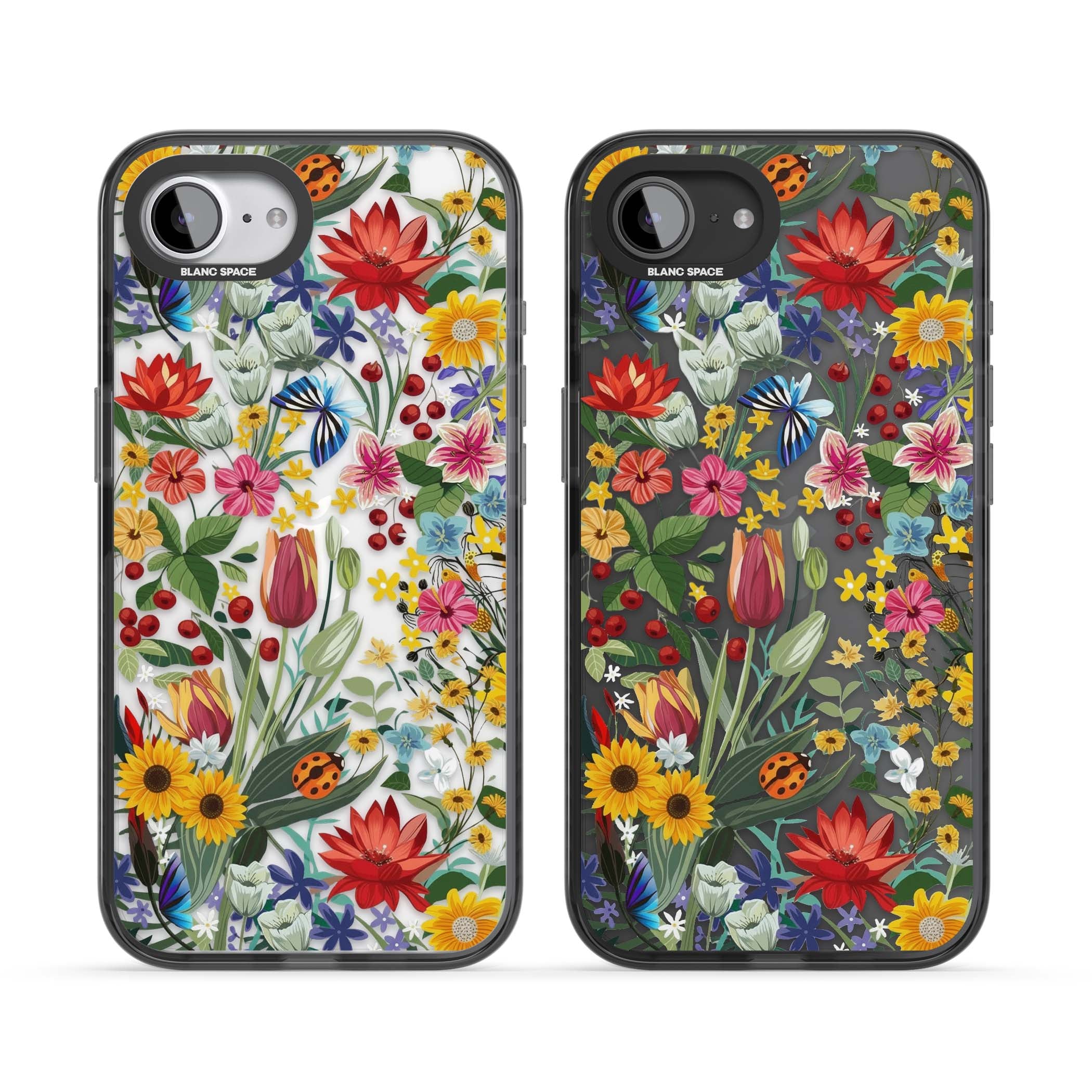 Botanical Bloom cottagecore iPhone case featuring colorful wildflowers, sunflowers, and ladybugs on clear background | Black Impact case for iPhone 16e, iPhone 17e