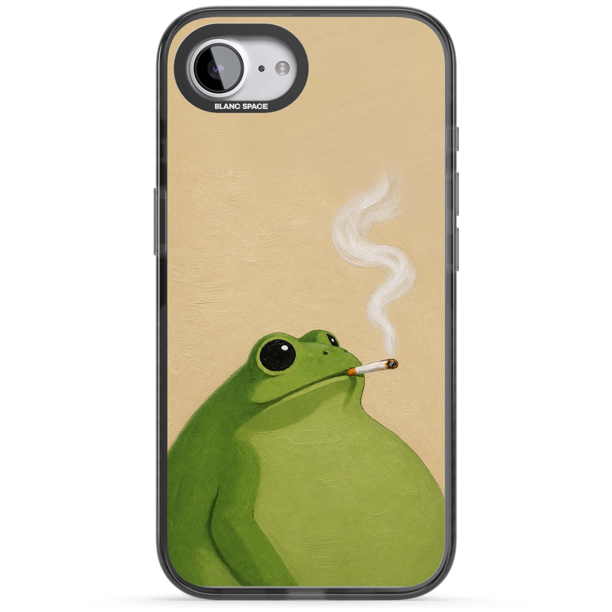 The Smoking Frog cottagecore iPhone case featuring a hand-painted green frog smoking a cigarette on a cream oil painting back | Black Impact case for iPhone 16e, iPhone 17e